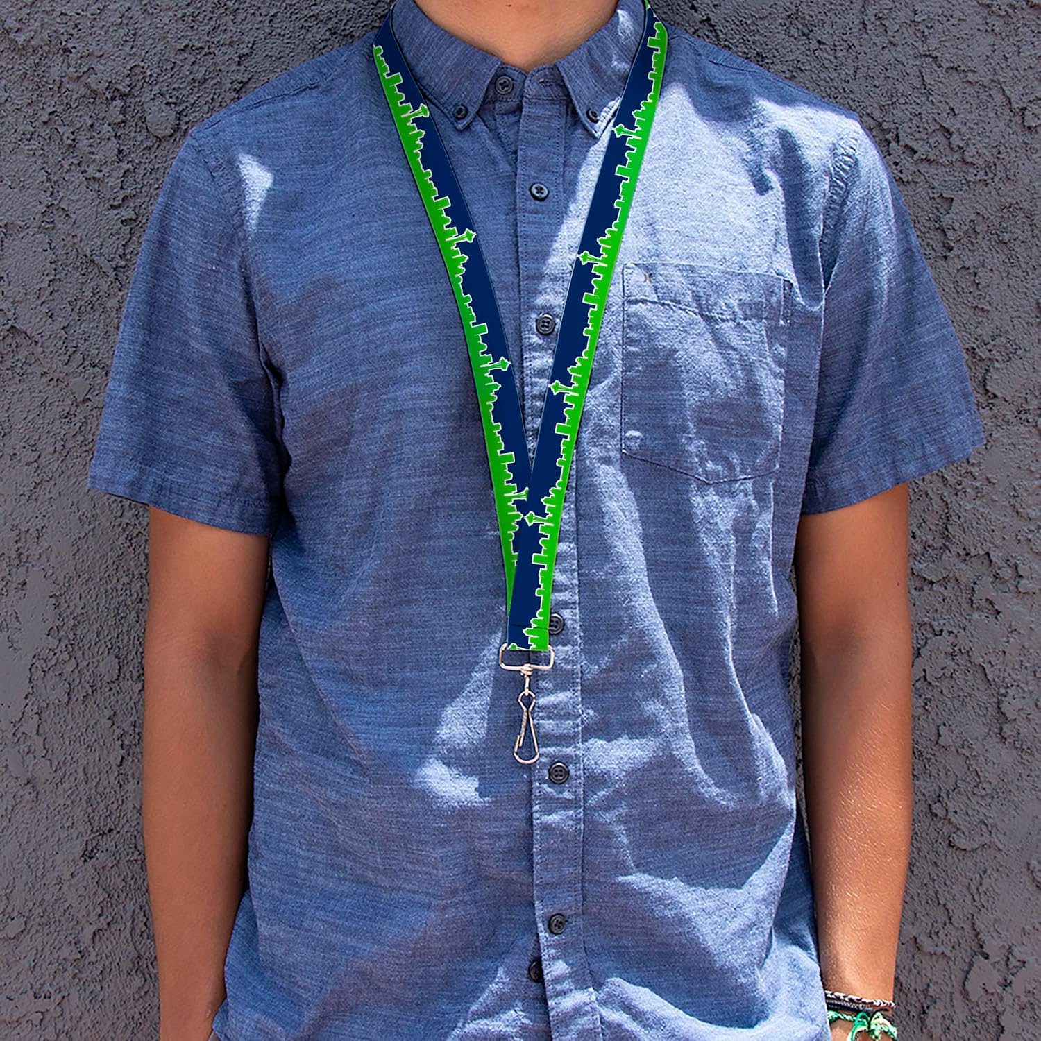 Buckle-Down Lanyard, Seattle Skyline Navy Bright Green, Elastic image 2