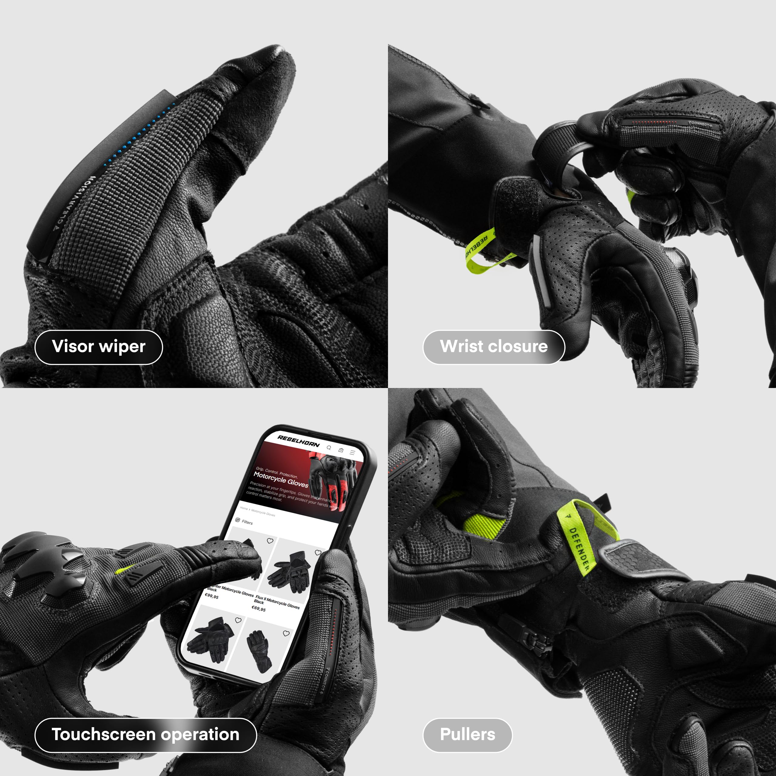 REBELHORN Defender Motorradhandschuhe Herren | Leder | Knöchelprotektoren | Große Belüftungspaneele | Cooler-Tec-Futter | Touchscreen-Unterstützung | Schutzstufe 1 KP | Größen bis 3XL