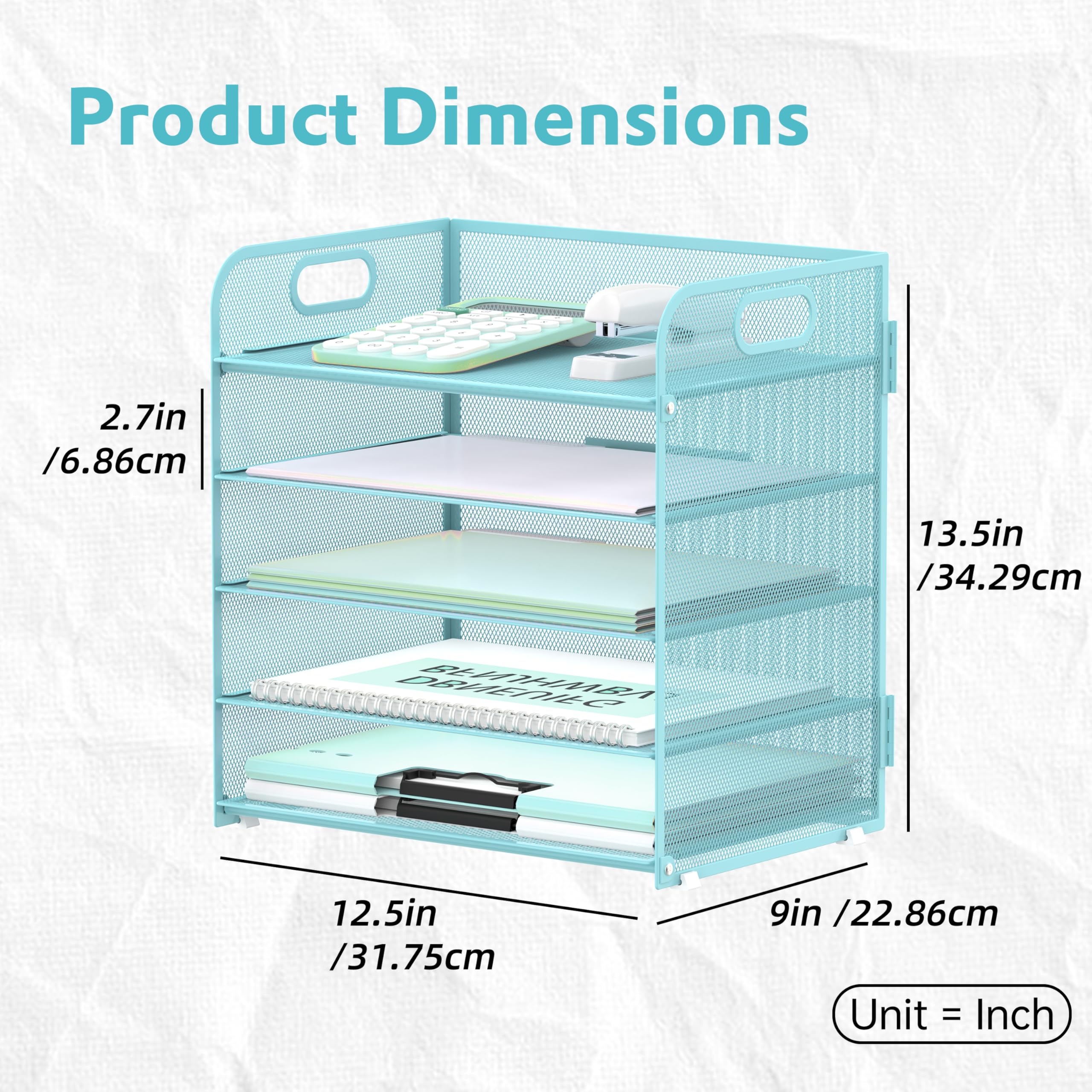 Lot de 5 plateaux de rangement en papier avec poignée en maille bleu clair pour bureau