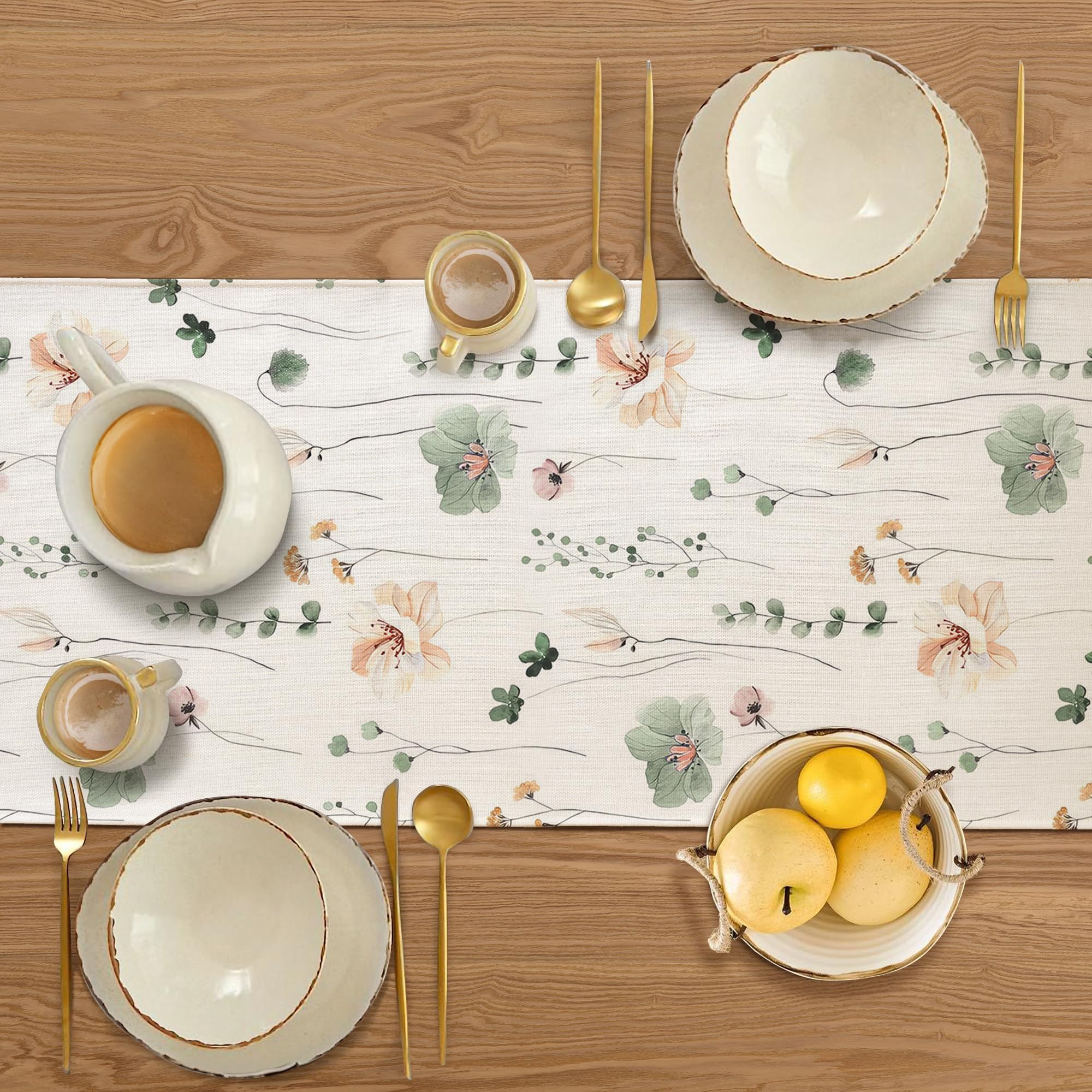 Runner Da Tavolo In Lino Con Stampa Fiori - Decorazione Cucina E Sala Da Pranzo, Lavabile E Idrorepellente - Foto 3