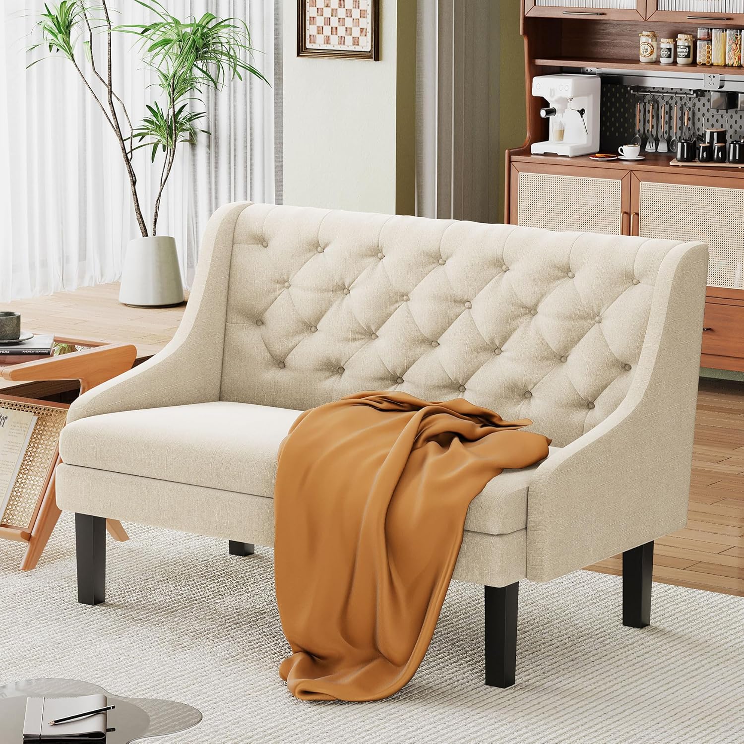 Andeworld Modern Tufted Button Back Upholstered Loveseat for Dining Room Hallway or Entryway Seating,Ivory