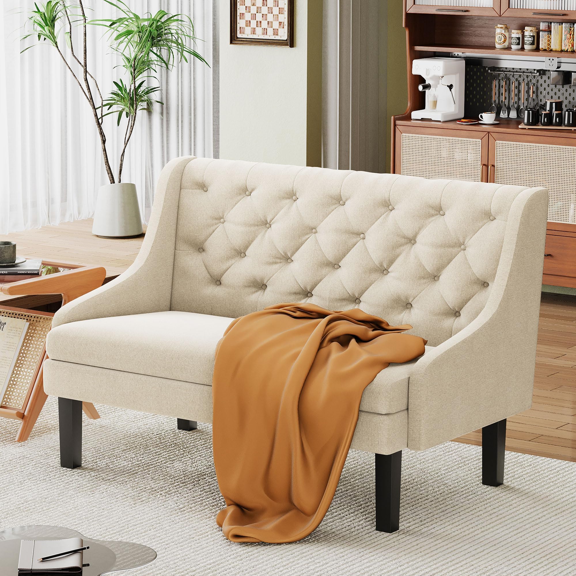 Andeworld Modern Tufted Button Back Upholstered Loveseat for Dining Room Hallway or Entryway Seating,Ivory