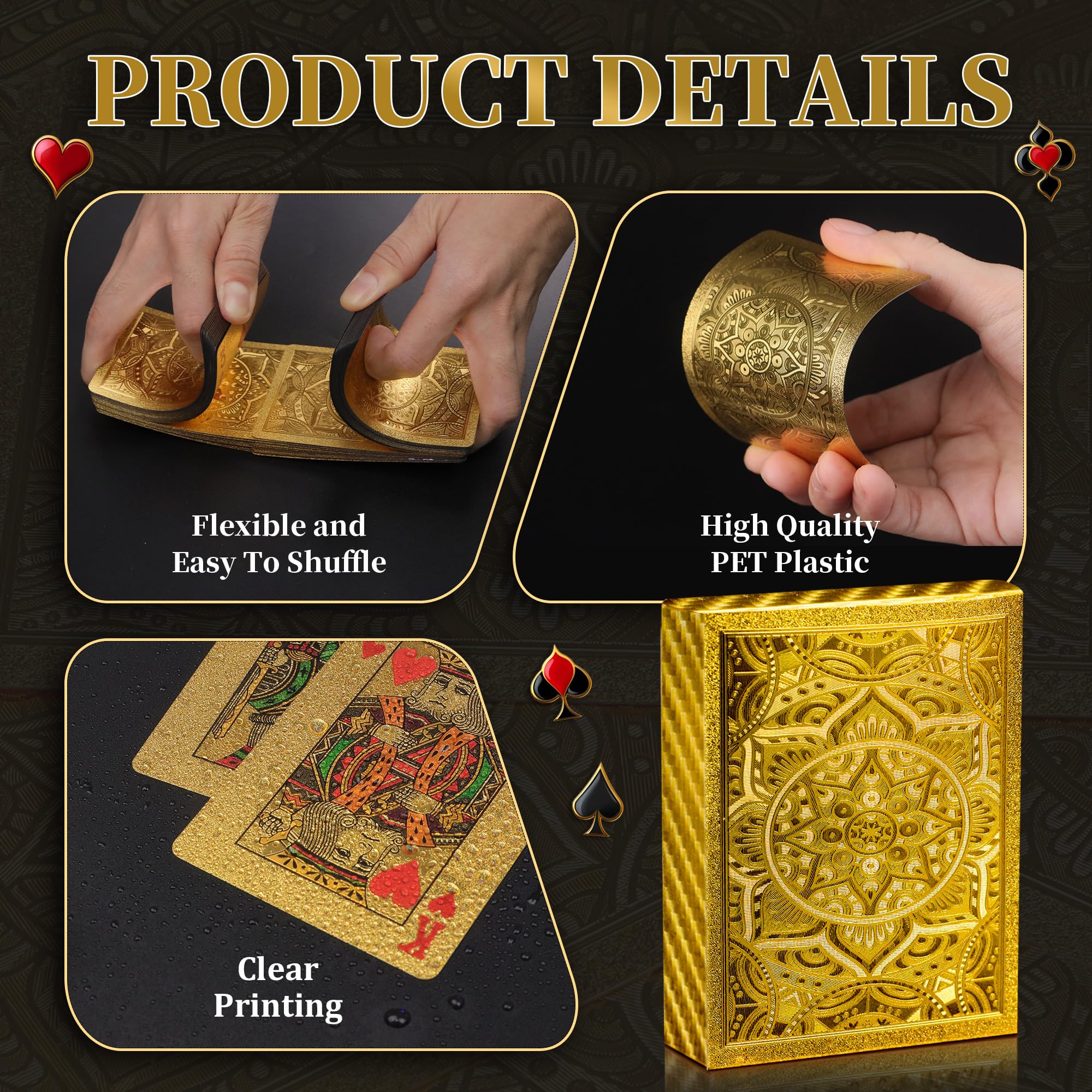 Cartas de juego doradas, cartas de plástico impermeables, 4 barajas de cartas, cartas de juego estándar para adultos, juego de cartas de póquer premium para juegos familiares, regalo nocturno, camping
