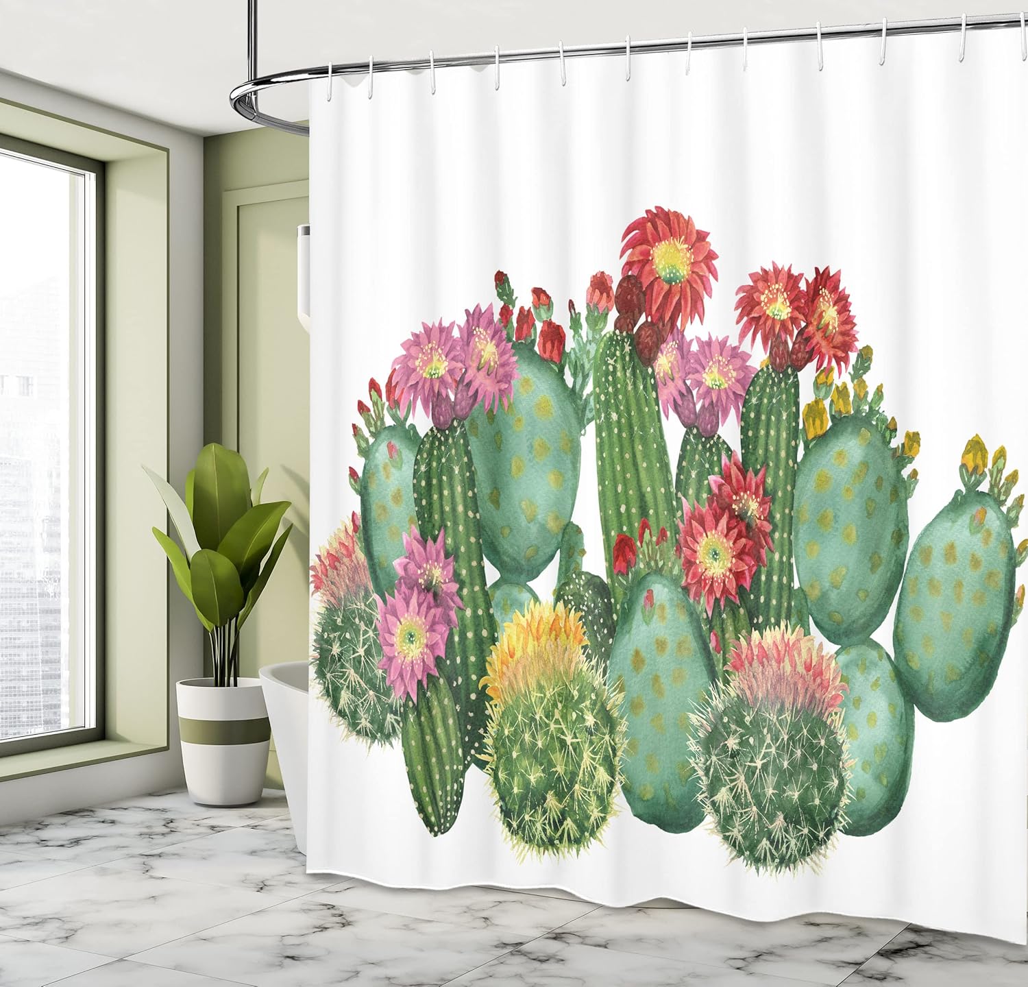 Ambesonne Cactus Shower Curtain, Saguaro Cask Hedge Hog and a Prickly Pear Tropical Types of Botany Opuntia Garden Plants, Cloth Fabric Bathroom Decor Set with Hooks, 69" W x 70" L, Green Multicolor