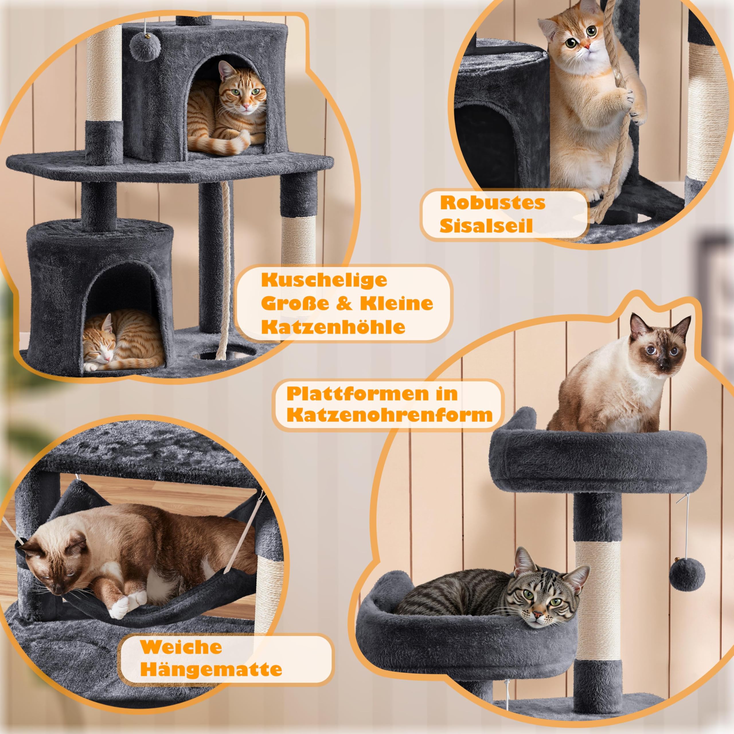 Yaheetech 179 cm Kratzbaum Katzenbaum mit Hängematte & Spielseil dunkelgrau | FSC-zertifizierte Spanplatten | Mehrstöckiger Kratzbaum für große Katzen | mit Kippsicherung | mit 5 Kratzsäulen & 2 Höhlen