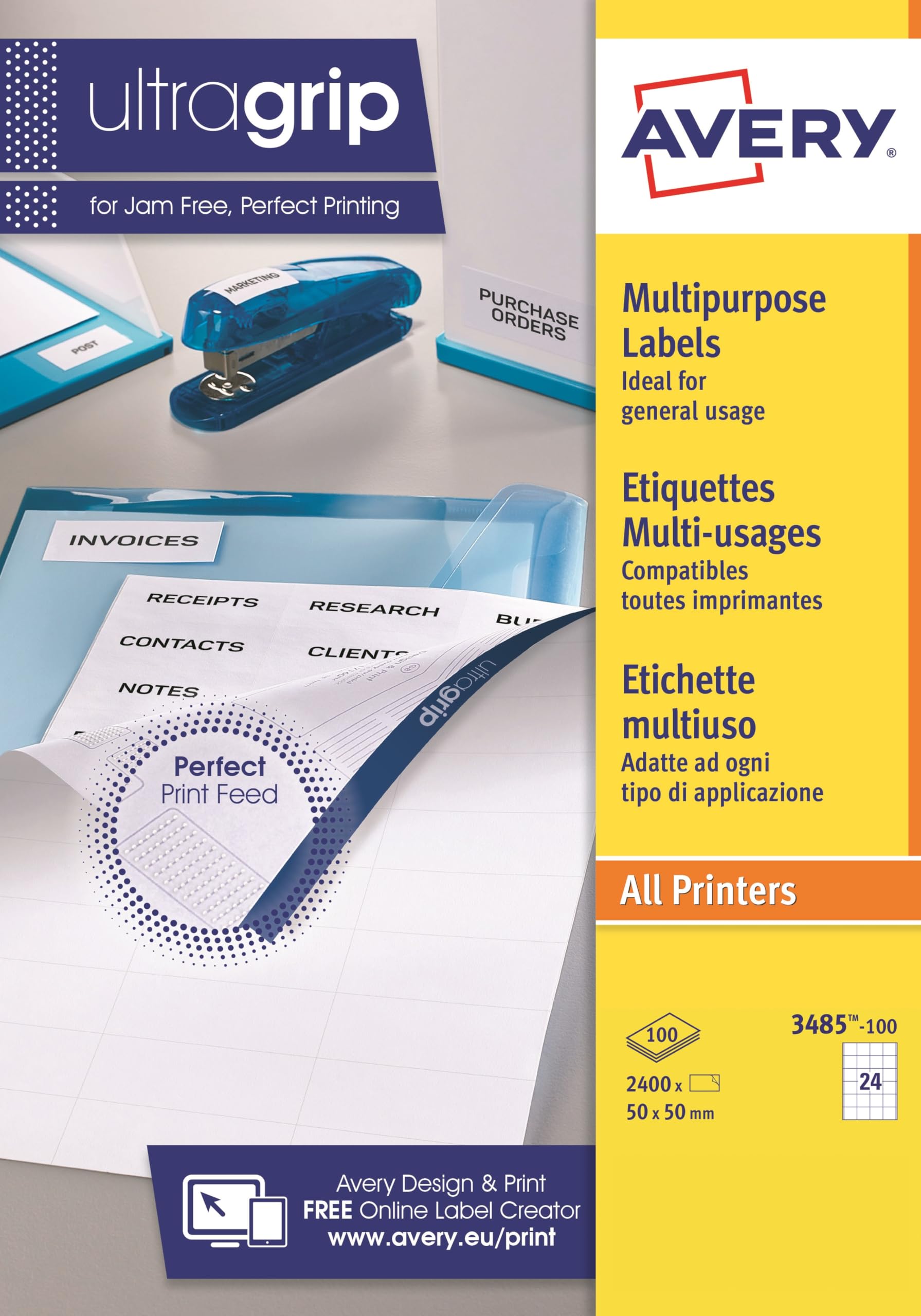 AVERY - 2400 Étiquettes Multi-Usages UltraGrip Personnalisables - Sans Bourrage - Format 50 x 50 mm - Impression Laser, Jet d'Encre et Copieur
