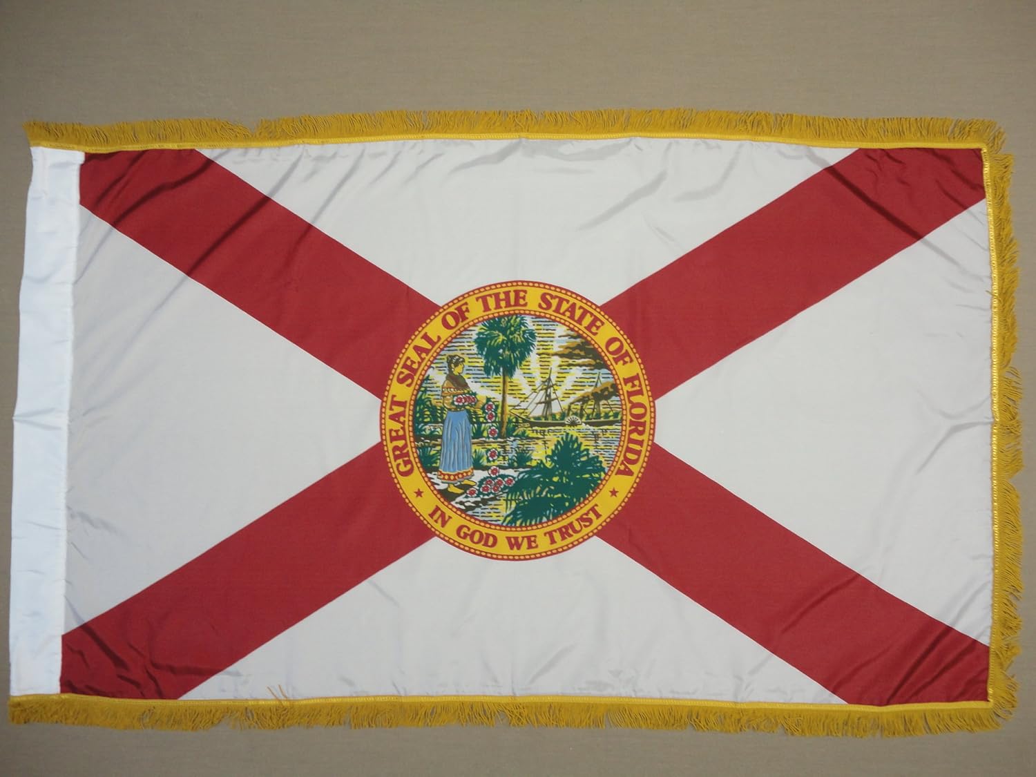 Super Tough USA Made Florida State Flag 3x5ft | Made from Nylon with A Lined Pole Hem & Golden Fringe | Indoor Florida Flags Designed for Use with Indoor Flagpoles | Not Suitable for Outdoors