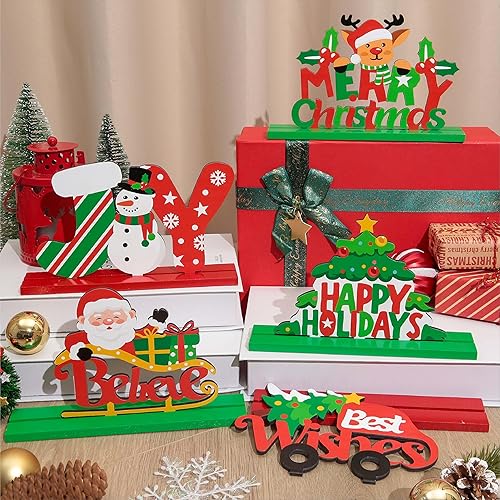 Miniatura 6 de 5 piezas de decoración de mesa de Navidad, decoraciones de Navidad de madera, centros de mesa de temporada festiva, exhibición de mesa de invierno