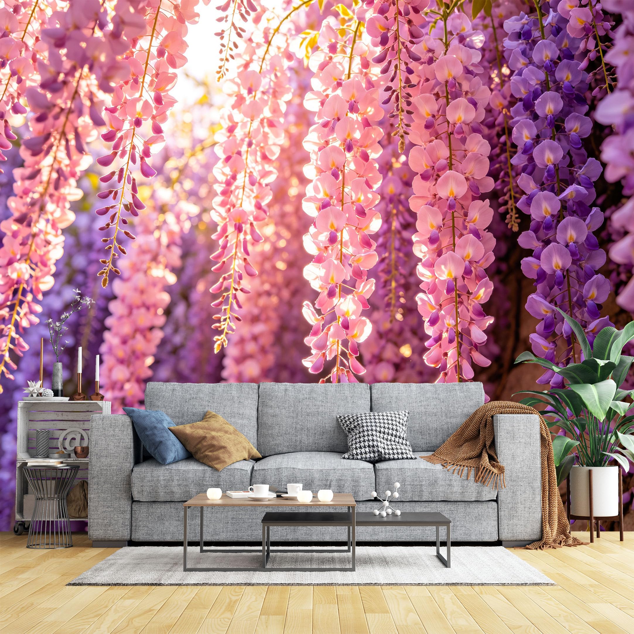 Custom Size Wall Murals Sunlit Purple Wisteria Flower Wall Wall Murals Floral Scenery Wallpaper, Realistic Self-Adhesive Removable Wallpaper for Bedroom