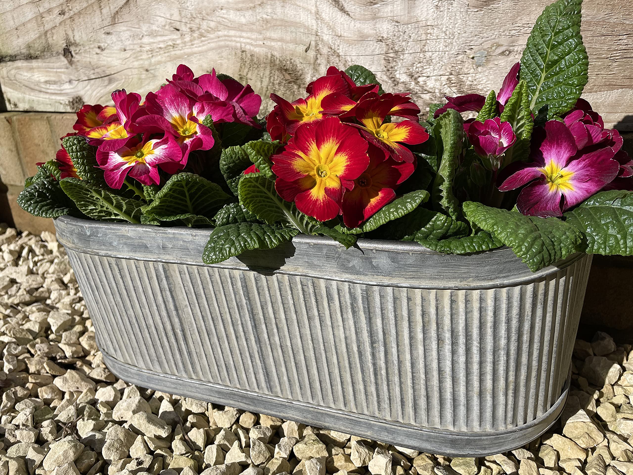 Maceta de metal galvanizado de 49 cm de zinc acanalado | Maceta redonda ovalada para jardín o jardín de acero de metal antiguo M