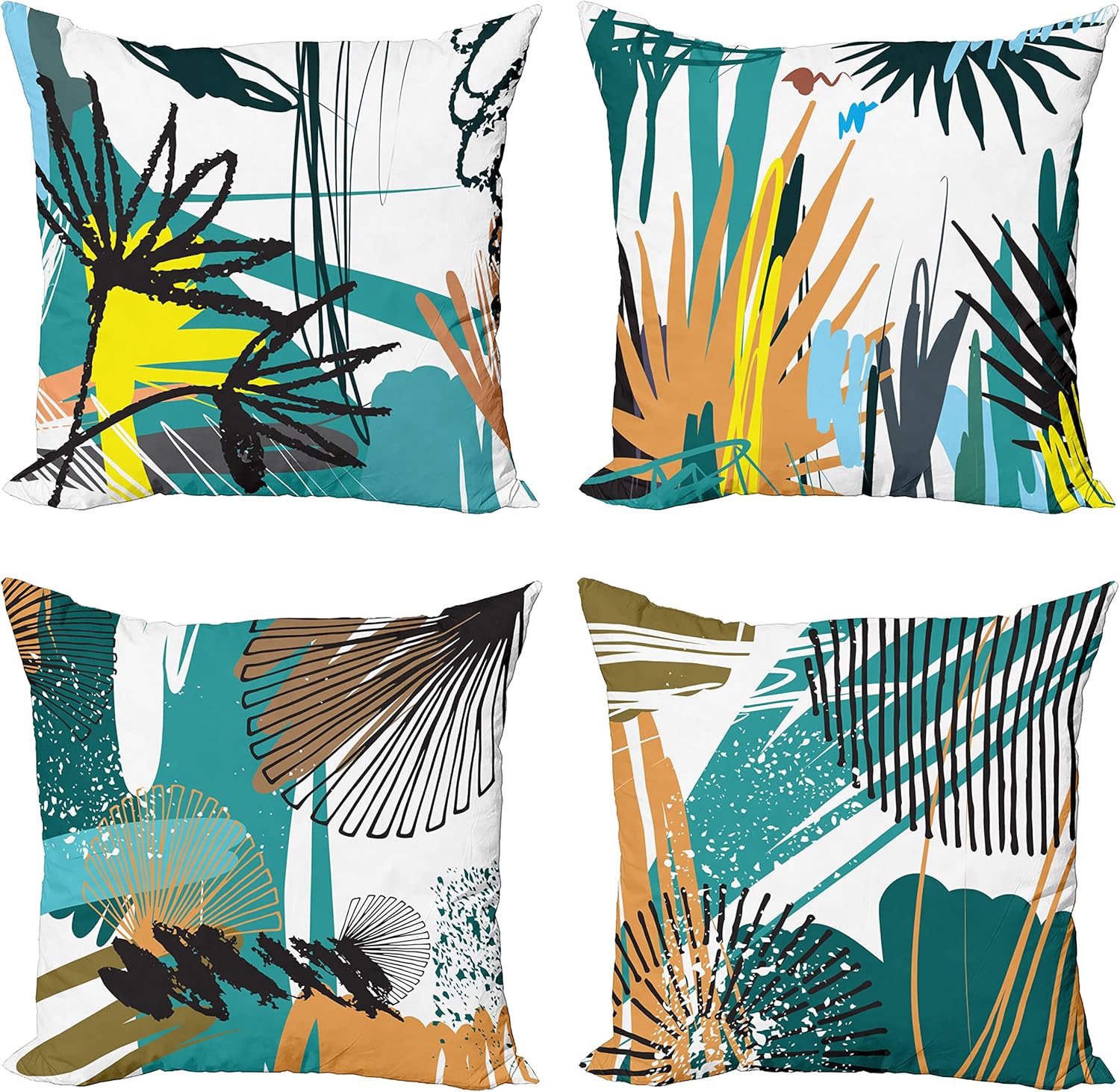 Ambesonne Abstract Throw Pillow Cushion Case Pack of 4, Sketchy Drawing Freehand Art Scribble Shapes Lines of Exotic Leaves, Modern Accent Double-Sided Digital Printing, 16", Teal Dark Peach Yellow