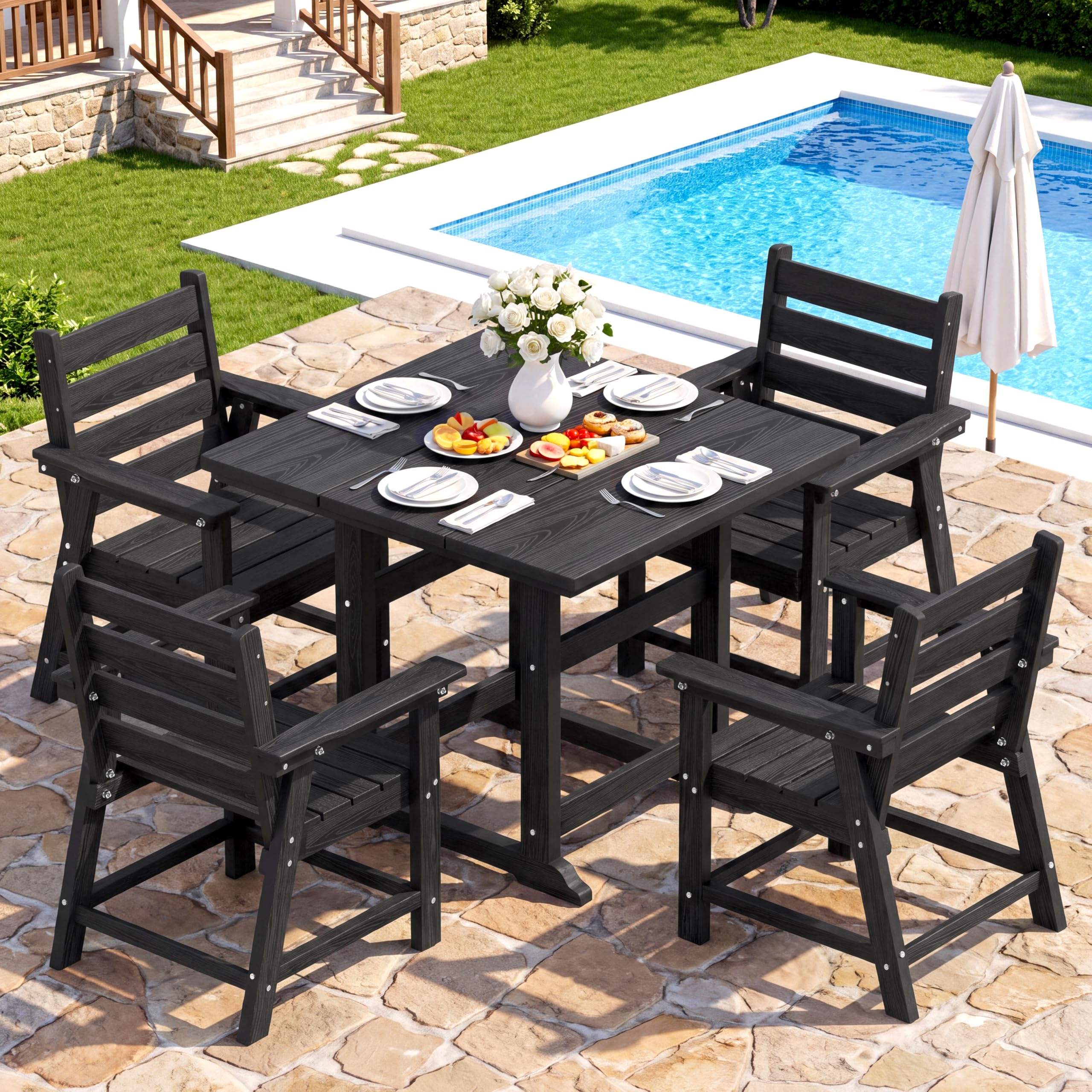 HDPE Outdoor Dining Set, Patio Dining Set of 5, Black