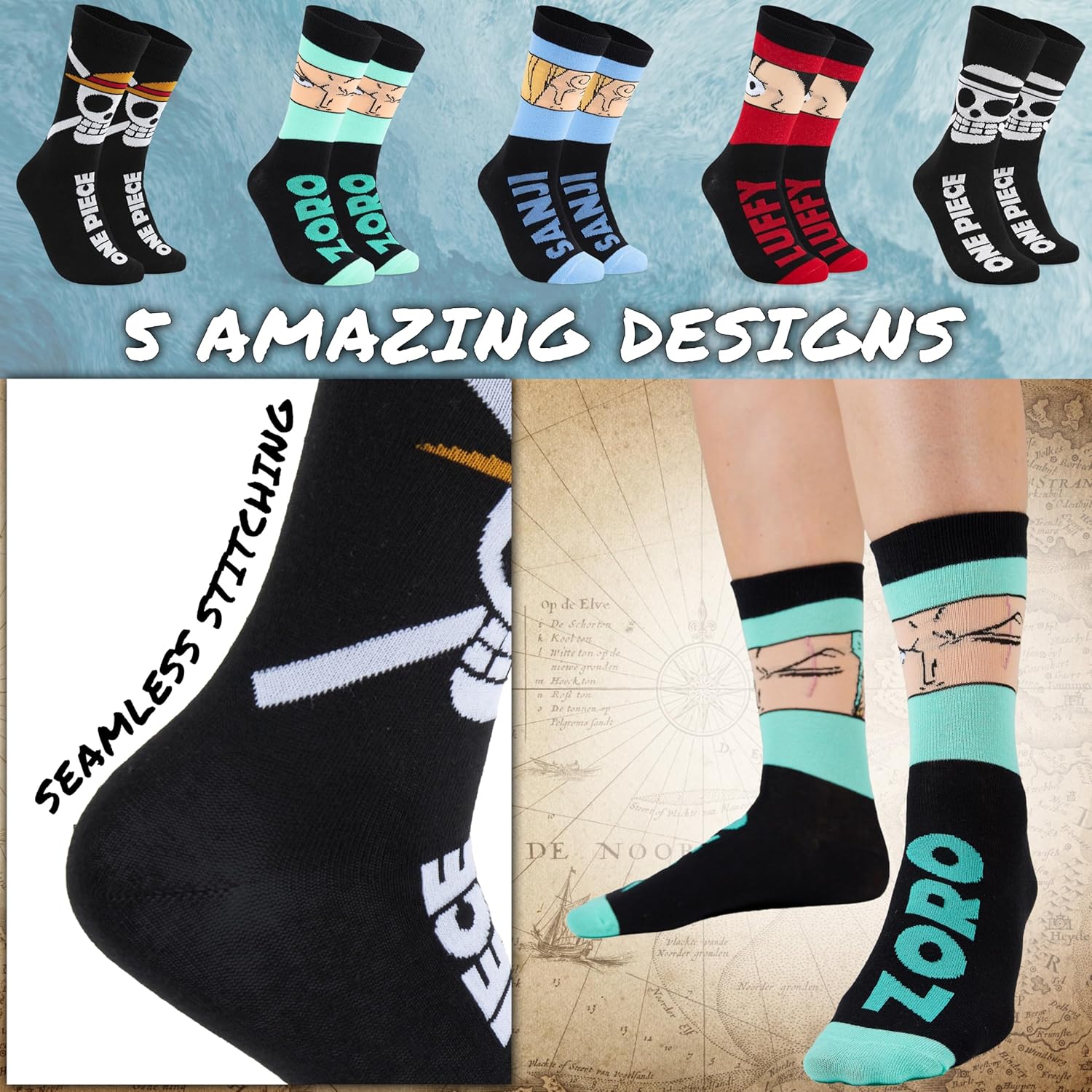 One Piece 5 Pack Crew Socks for Men, Teens, Funny Anime Breathable Socks for Work, Sports, Novelty Gifts for Men