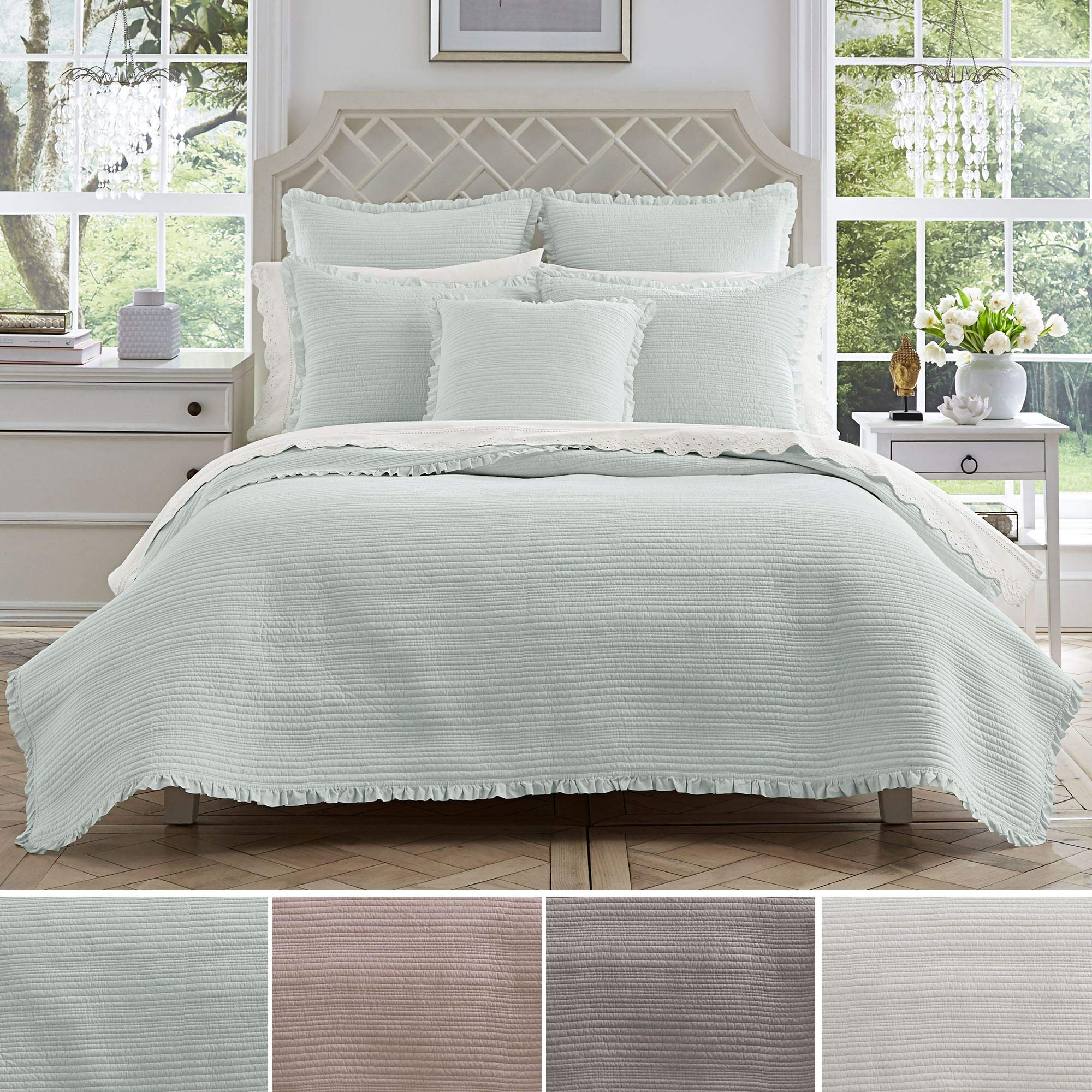 Five Queens Court Hattie Country Chic 100% Cotton Ruffle Flange Quilted Coverlet, King, White