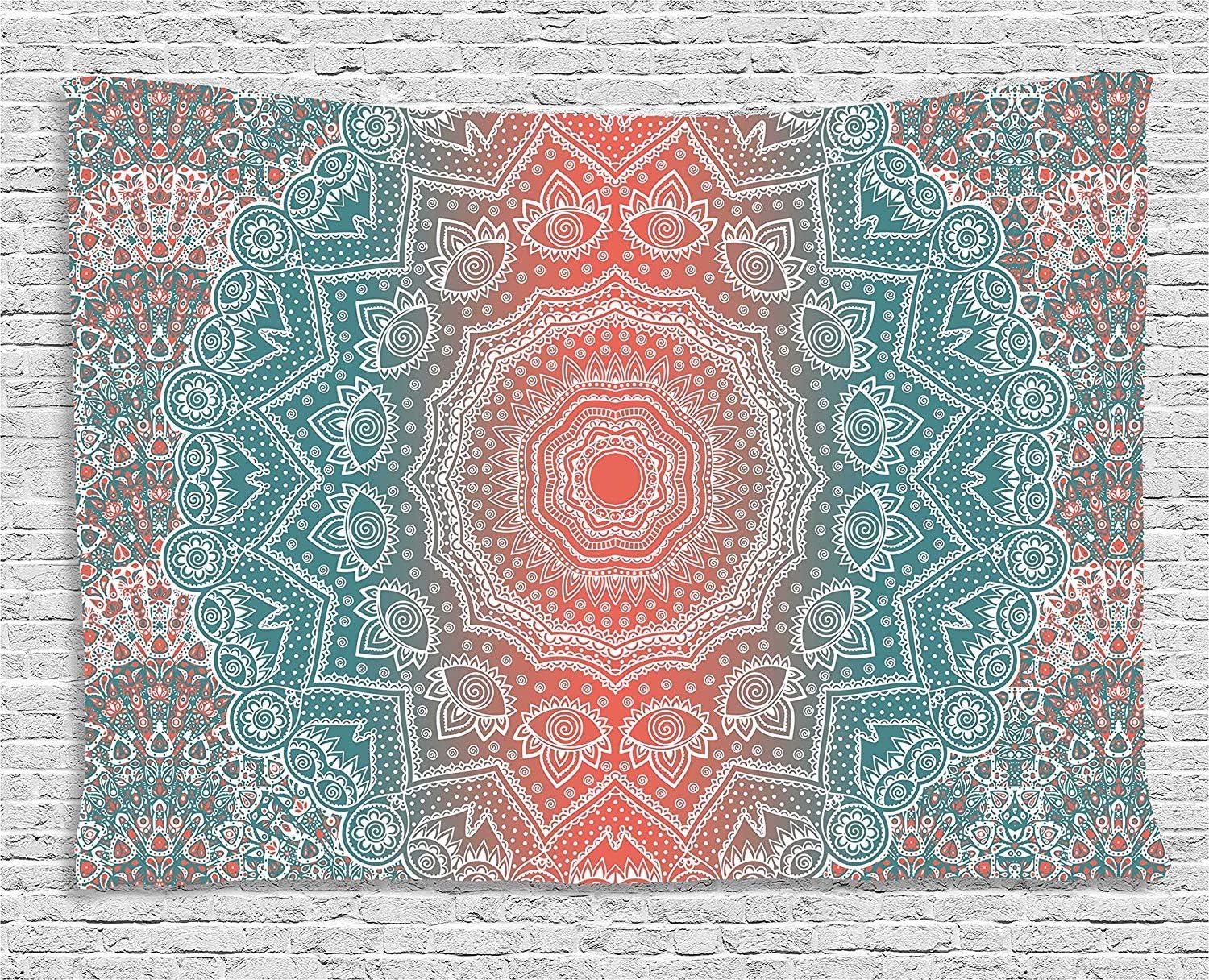 Ambesonne Coral and Teal Tapestry, Modern Tribal Mandala Tibetan Healing Motif with Floral Geometric Ombre Art, Wide Wall Hanging for Bedroom Living Room Dorm, 60" X 40", Coral Teal