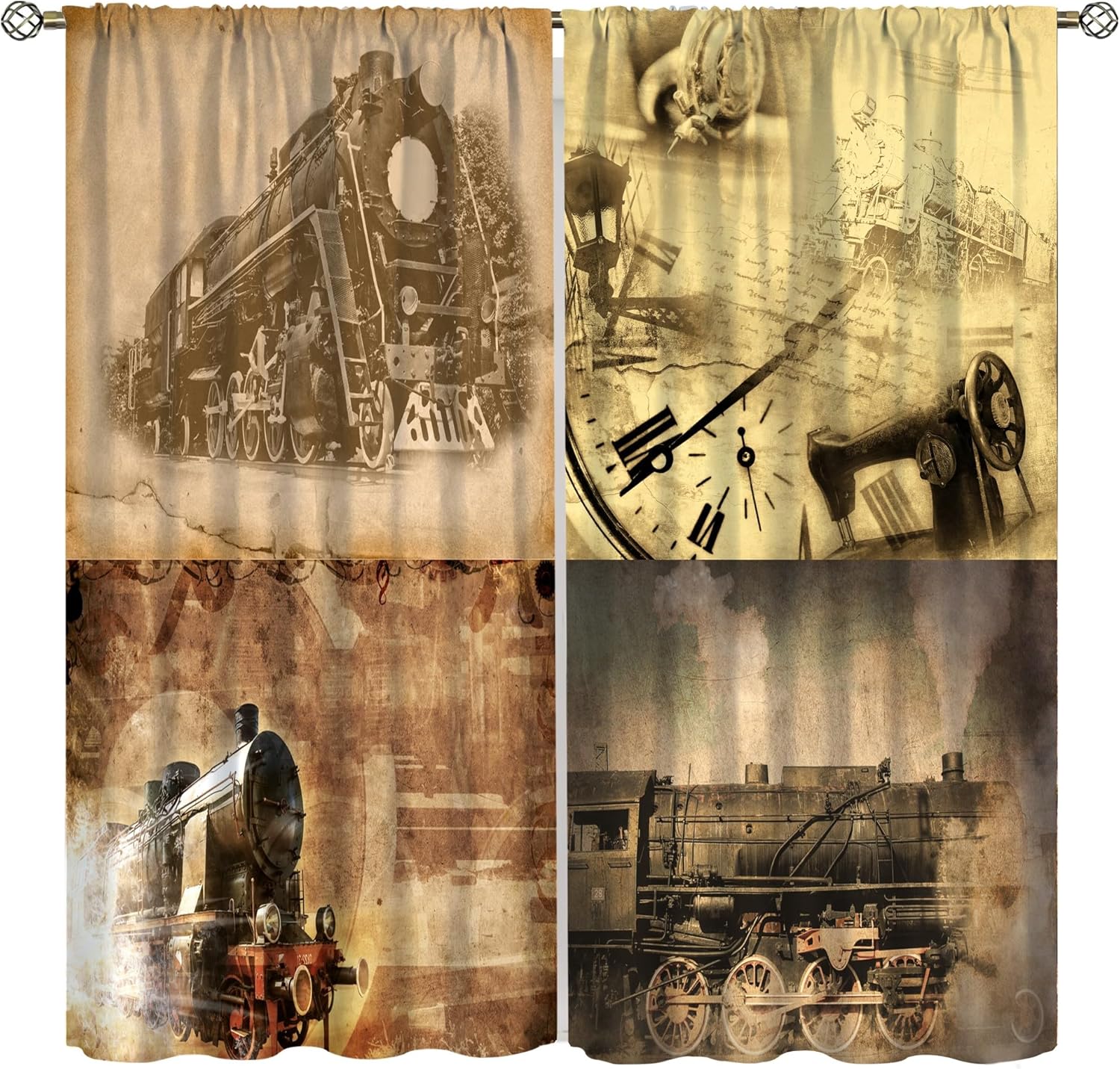 Old Train Curtain,Retro Steam Antique Train Railways Patchwork Pattern Window Treatment Curtains Bedroom Dining Room Living Room Kitchen Cafe Office Drapes, 42x63 in