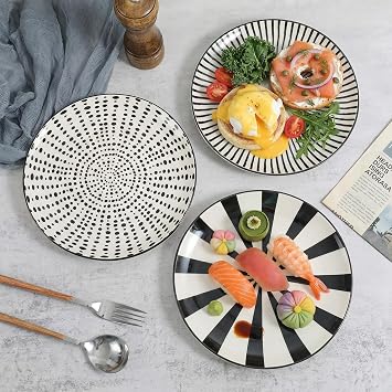 Black Plate Set 8 Inch - Salad Plates | Dessert Appetizer Plates - Porcelain Lunch Plates - Set of 6 - Dishwasher and Microwave Safe