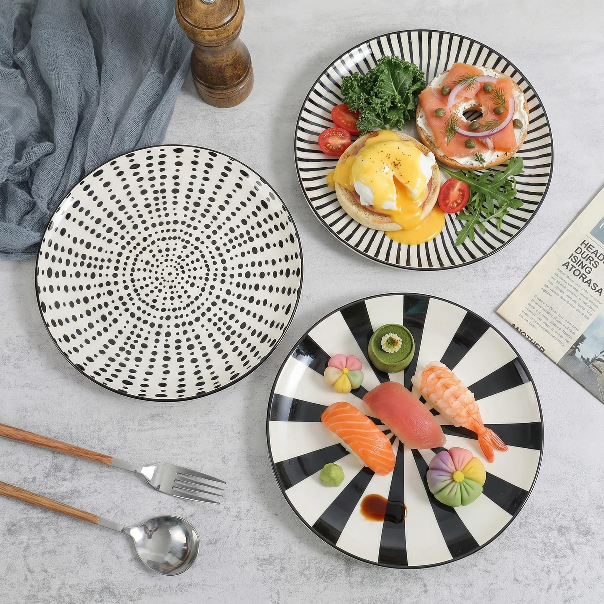 AHX Platos Llanos Porcelana - Juego de Platos de 6 Negros - Platos Postre | Ensalada | Aperitivo | Fruta - Apto para Microondas y Lavavajillas - 20.3 cm