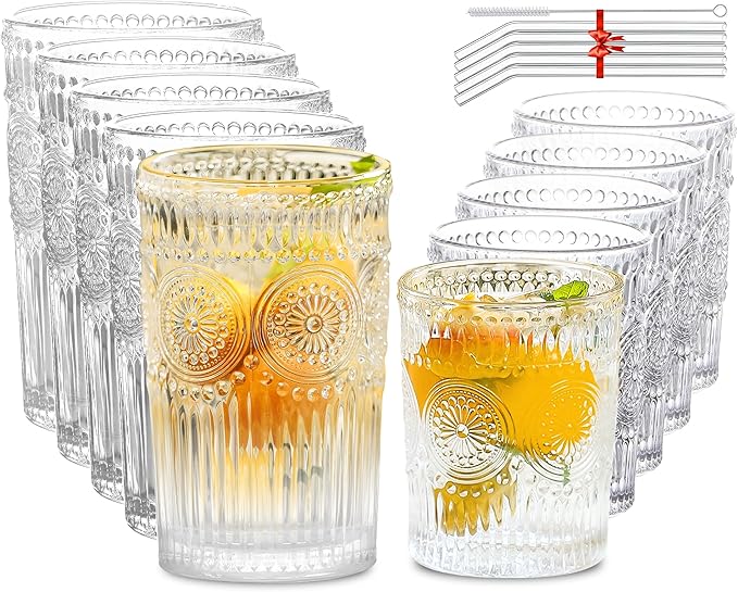 10Pcs Vintage Drinking Glasses - Romantic Highball Glasses & Rocks Glasses, Striped Glass Tumbler Cups for Water Coffee Juice Cocktail, Luxurious Floral Embossed Clear Glassware Set