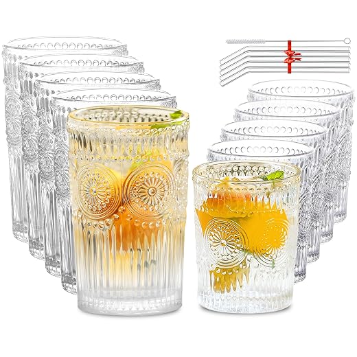 10Pcs Vintage Drinking Glasses - Romantic Highball Glasses & Rocks Glasses, Striped Glass Tumbler Cups for Water Coffee Juice Cocktail, Luxurious Floral Embossed Clear Glassware Set