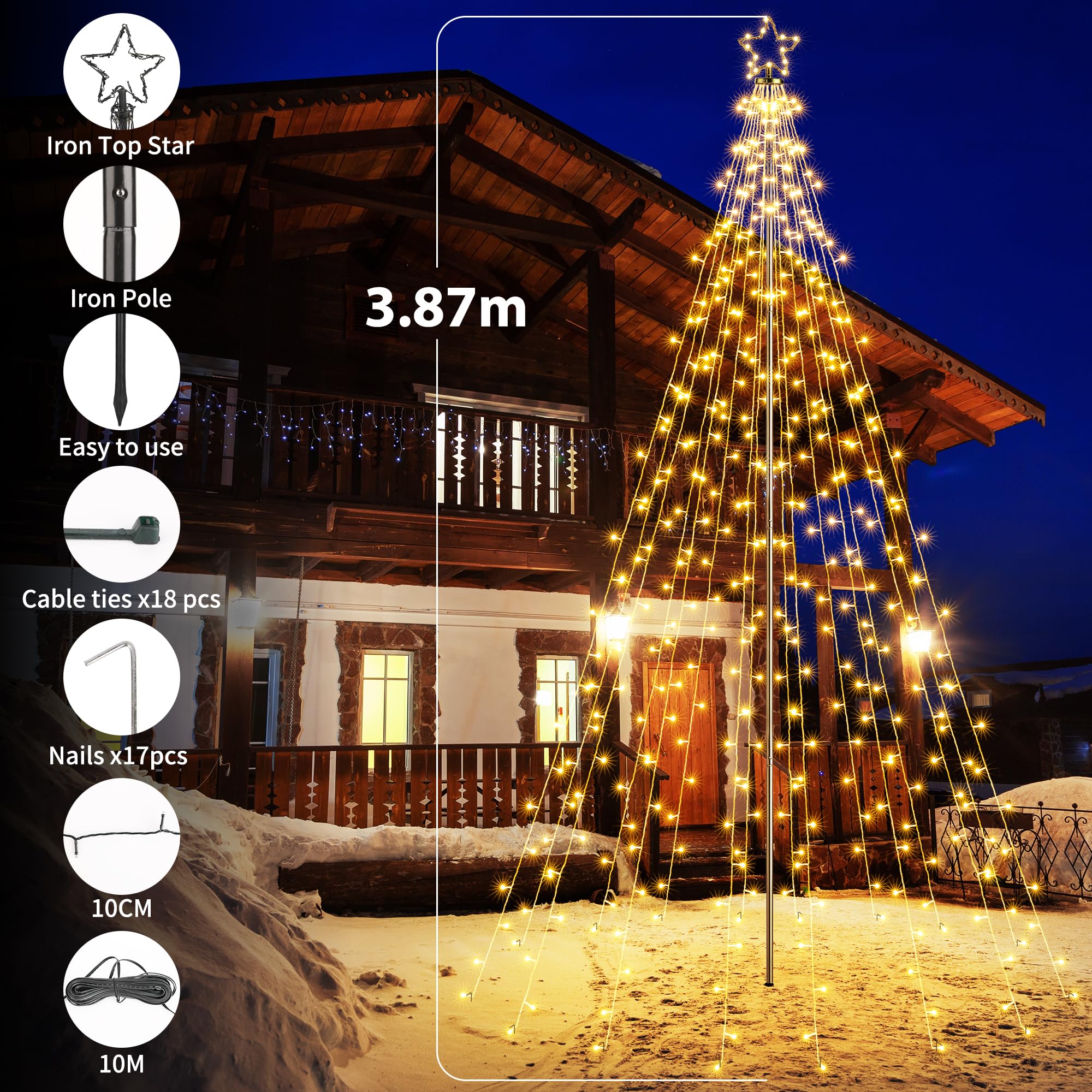 iBaycon Luci Di Natale Per Esterni con Stella,3,87 m 568 Led Bianco Caldo | 16 Ghirlande Albero Di Natale Con Telecomando 8 Modalità Timer Dimmerabili Natalizia per Esterni Giardino Prato