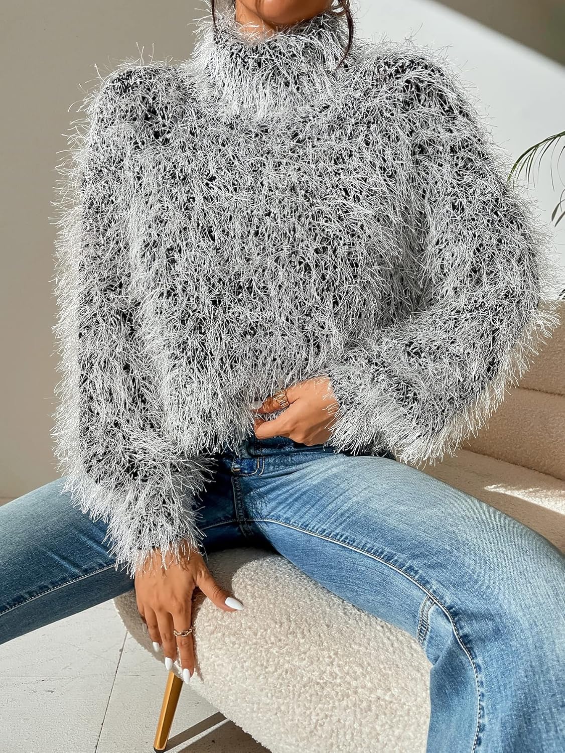 Women's Sweater High Neck Fuzzy Sweater Sweater for Women (Color : Dark Grey, Size : Medium)