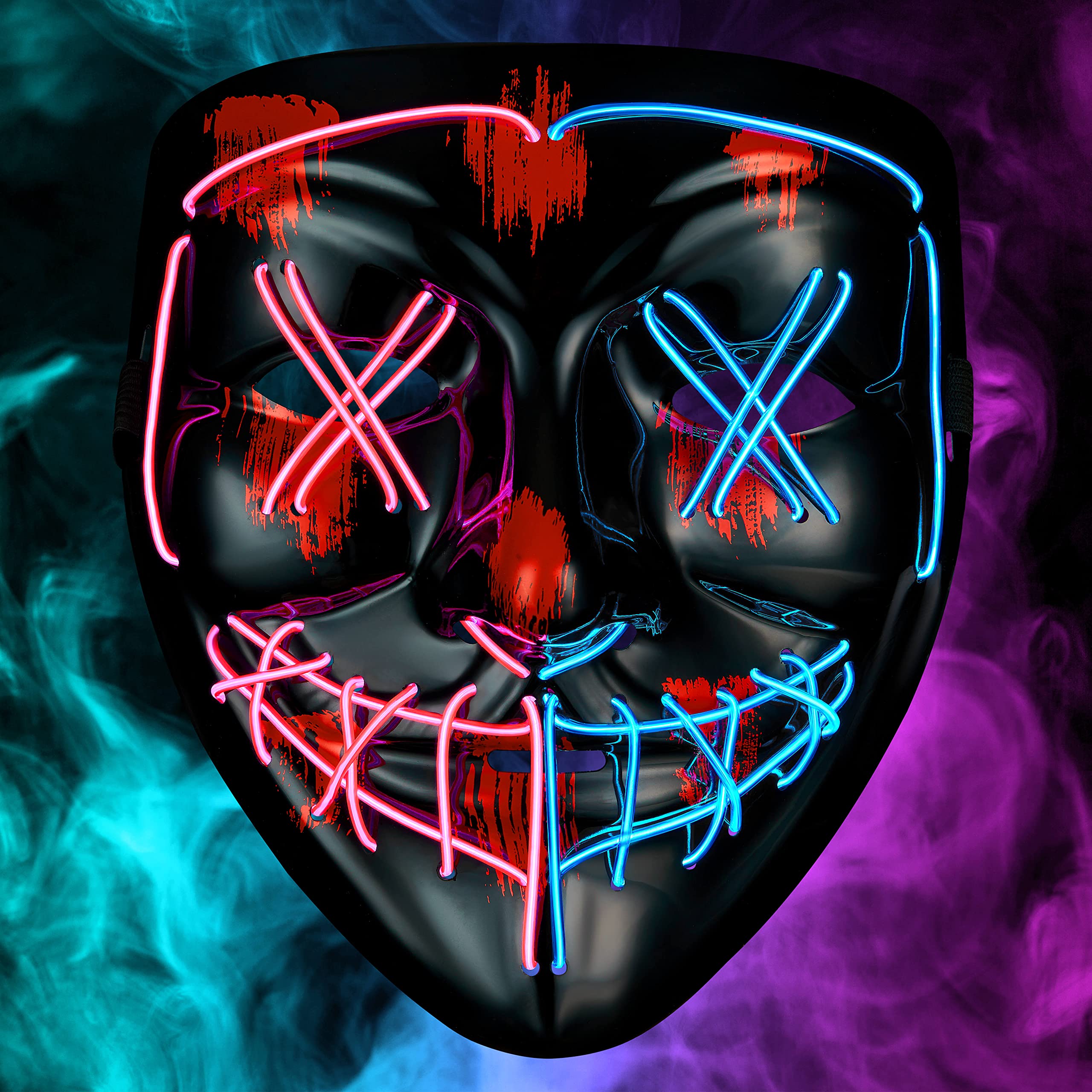Balinco LED mask 2-coloured red/blue with 3 light modes - perfect for techno DJ, Red / Blue