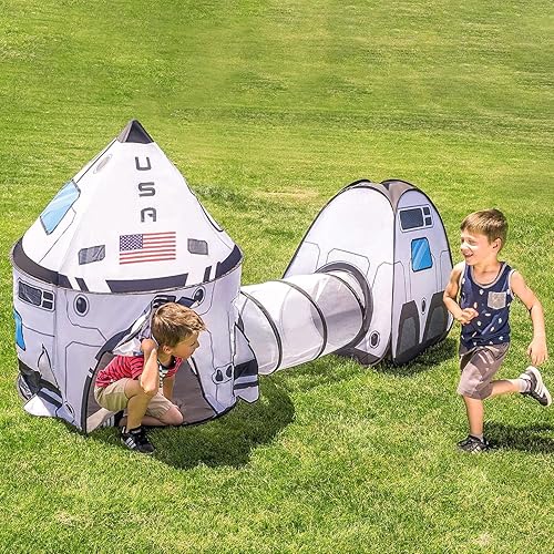 Miniatura 7 de JOYIN White Rocket Ship Pop up Play Tent with Tunnel and Playhouse Kids Indoor Outdoor Spaceship Tent Set