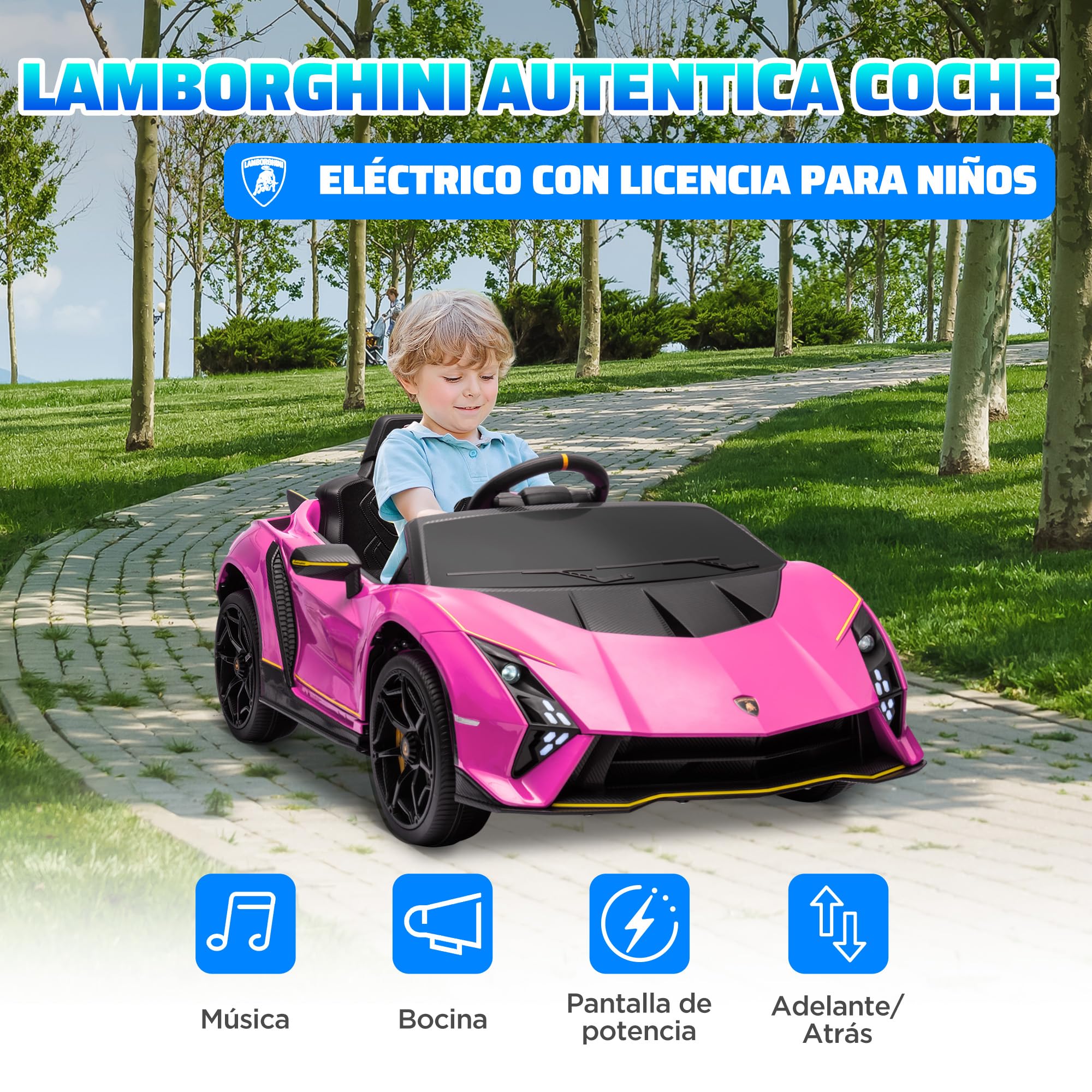 AIYAPLAY Coche Eléctrico para Niños de +3 Años Lamborghini Autentica 2 Motores Potentes Coche Eléctrico con Batería 12V Velocidad 3-5 km/h Mando a Distancia 2,4G Faros Bocina Arranque Suave y MP3 Rosa