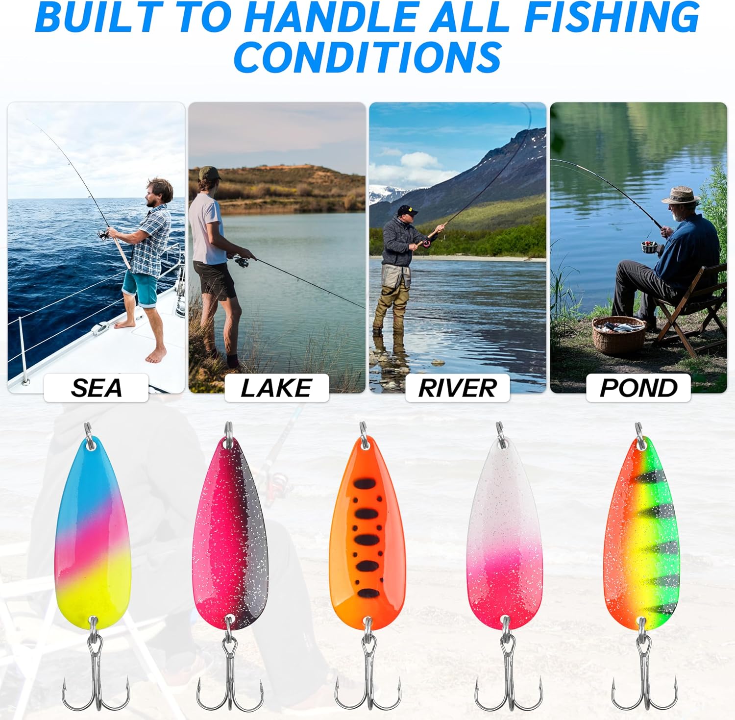 Fishing Spoons Fishing Lures 5pcs Hard Metal Casting Lure with Treble Hooks | Hard Metal Spinner Baits for Saltwater Freshwater Fishing, Trolling Spoons for Tuna Salmon Bass Trout