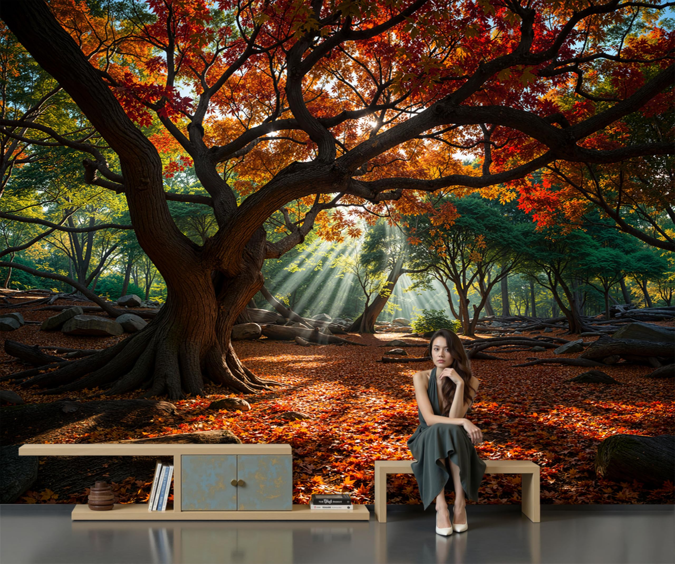 Fotomurales Decorativos Pared 3D, Bosque De Arces Soleados Bosque Otoñal Póster Papel Tapiz Decorativos Murales Impresión HD Ecológica Foto Artísticos Sofá Pintura, 200Anx140Al cm