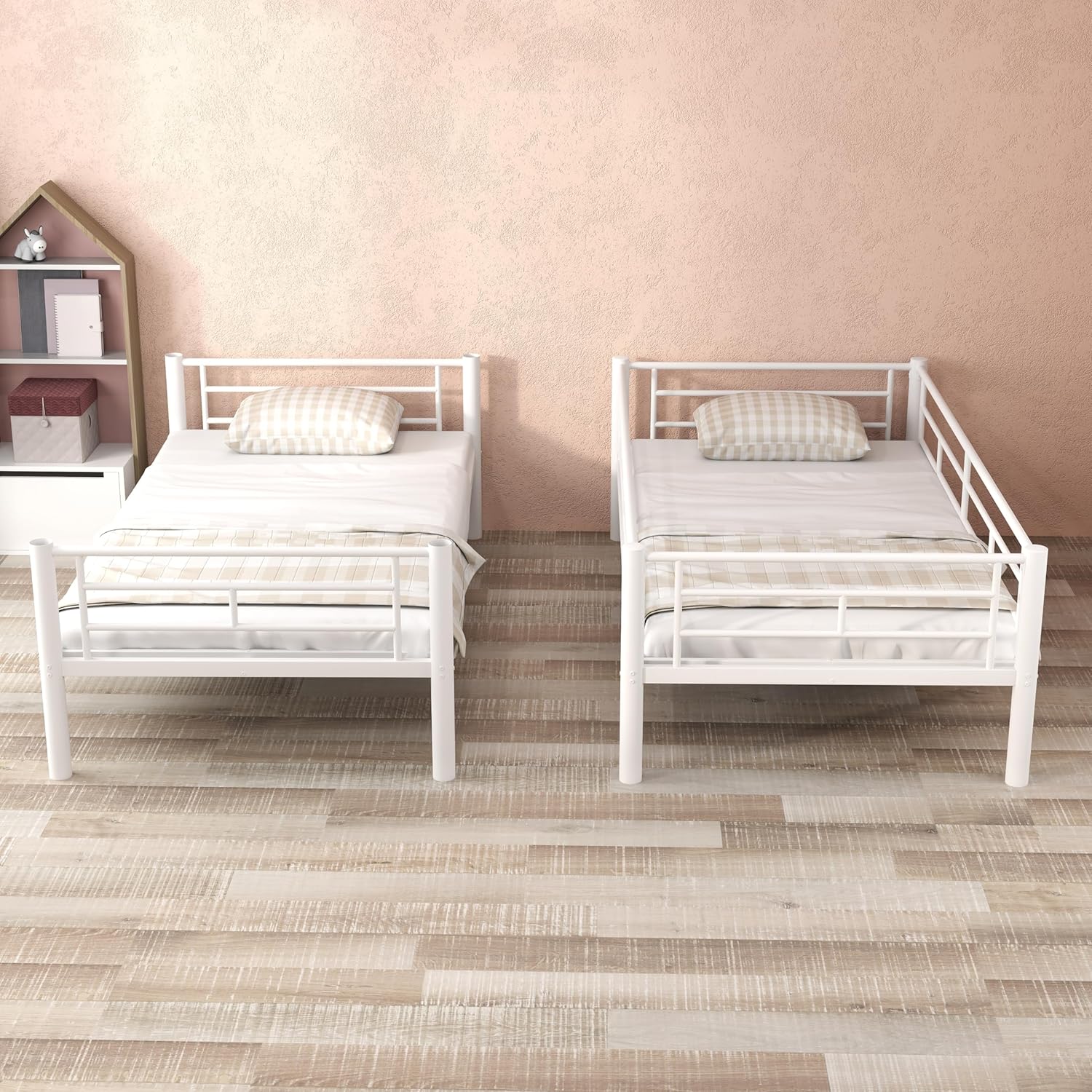 Bunk Bed Twin Over, Twin Bunk Beds with Ladder and Full-Length Guardrail, Heavy Duty Bunk Beds with Stairs for Kids, Teens & Adults, No Box Spring Needed, Space-Saving Design, Noise Free, White