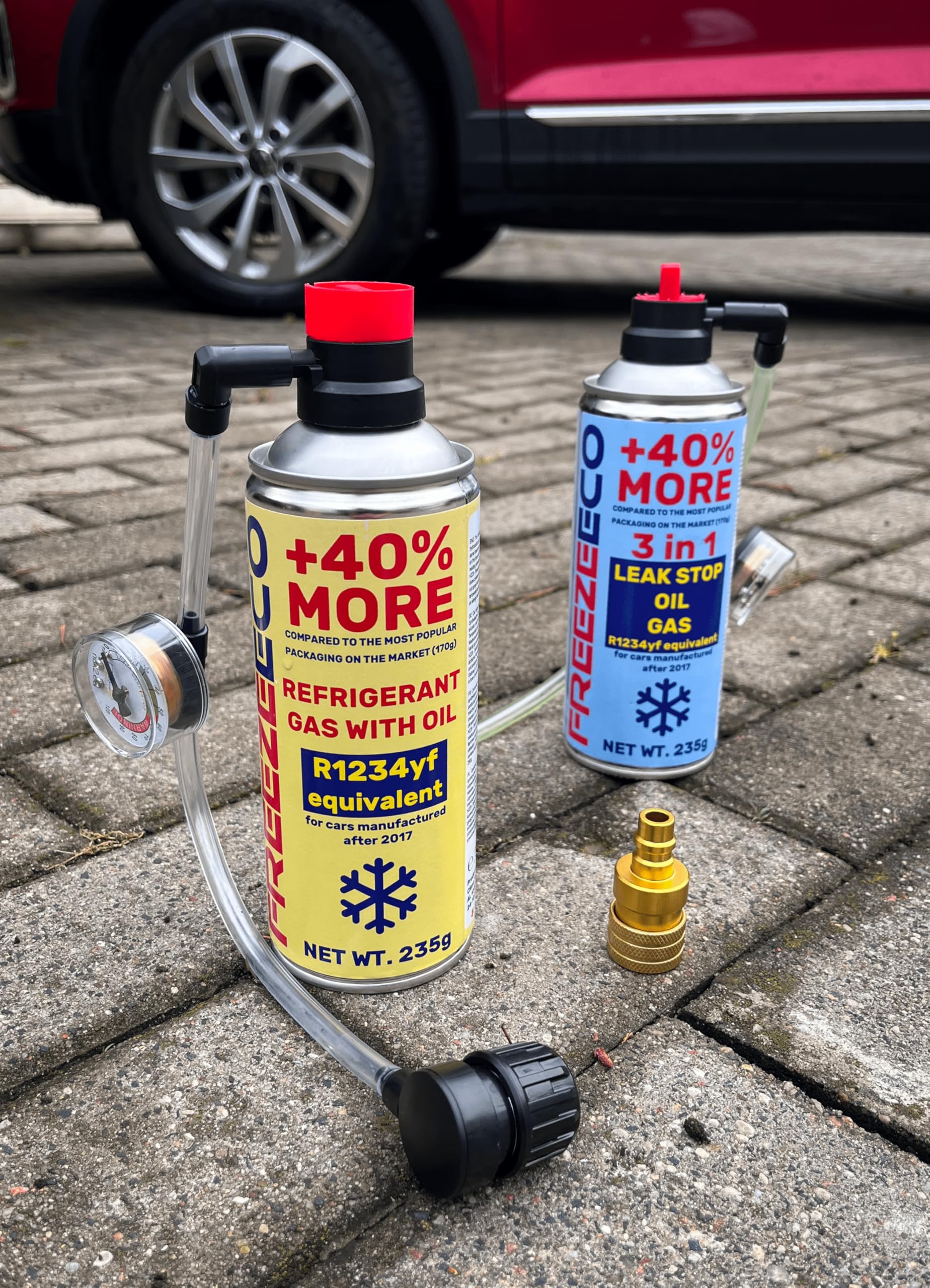 HOBBY, sustituto r1234yf, Sellador, refrigerante para aire acondicionado de automóviles, equivalente a 660 g, 1 lata, 2 en 1, 235g, con Manguera integrada con manómetro y Adaptador