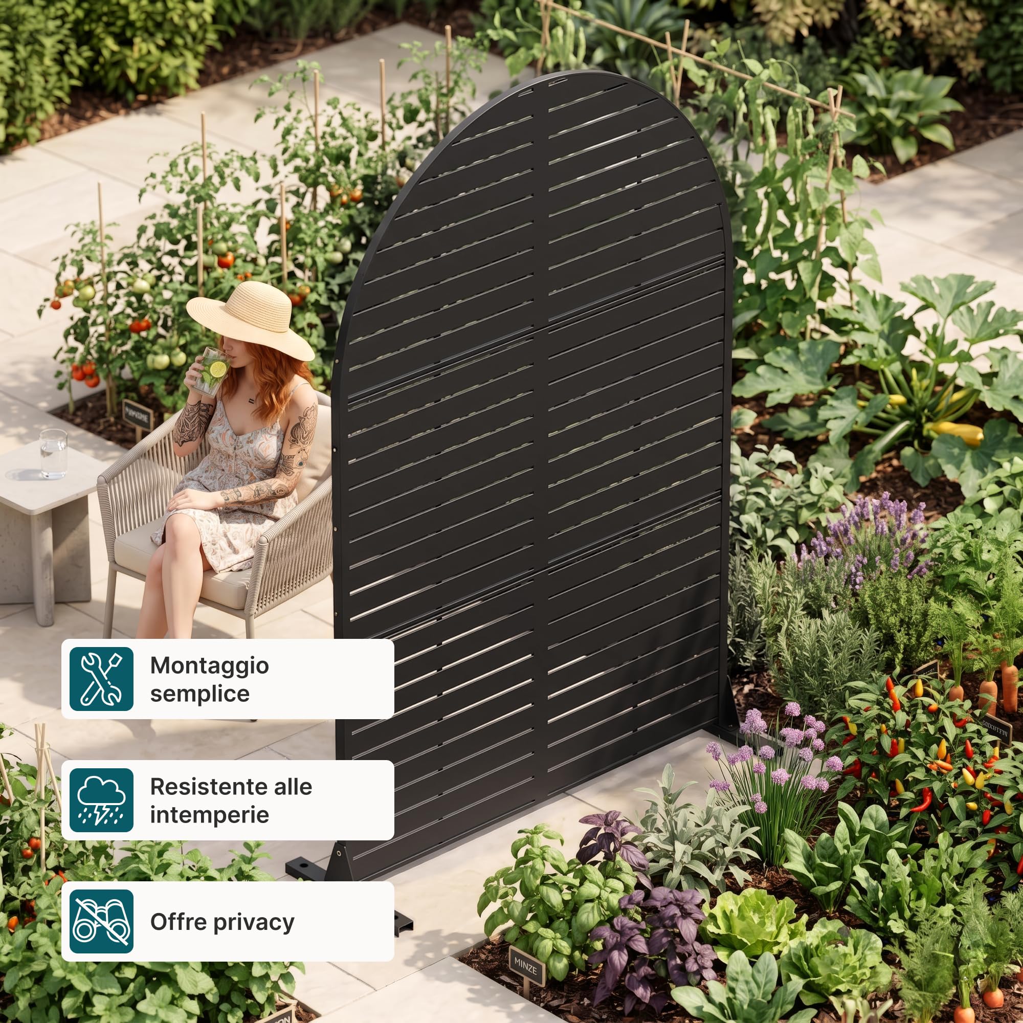 casa.pro Pannello Divisorio Decorativo Acciaio 180 x 120 cm Nero | Paravento Arcuato Zincato Metallo Interno Esterno Giardino Soggiorno Terrazza Frangivista Separé Sole Privacy
