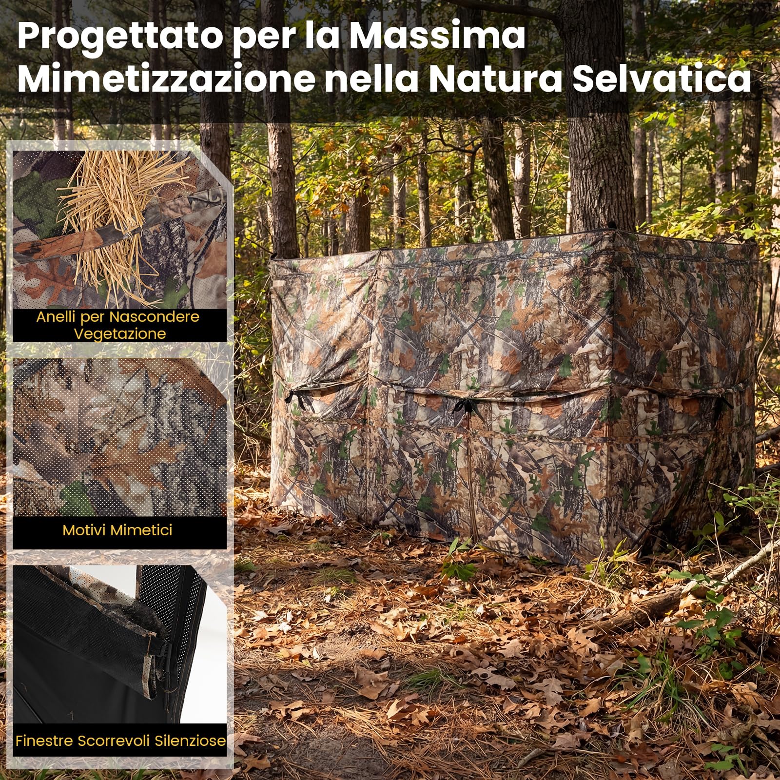 COSTWAY Barriera di Caccia Mimetico a 3 Lati Portatile 360°, Nascondiglio Pop-up 1-3 Persone con Porta per Cani, Tessuto Oxford con Borsa Trasporto, per Fotografia Naturale e Caccia