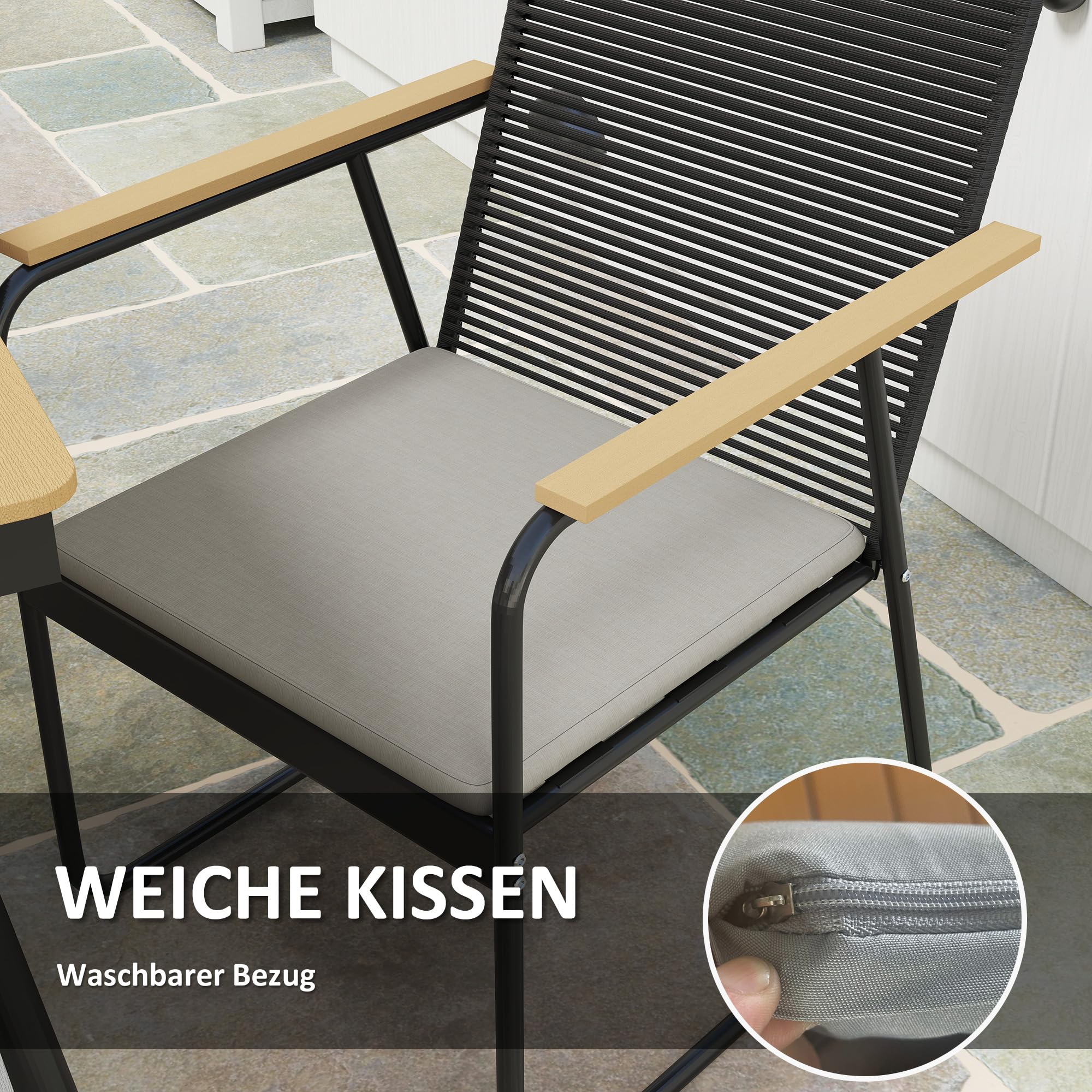 Outsunny Sitzgruppe 7-TLG. Metall Essgruppe 6Per. Gartenmöbel-Set Naturholz | Esstisch, Tisch mit 6 Stühlen, Esszimmergruppe, Küchentisch-Set mit Metallgestell, Balkonmöbel