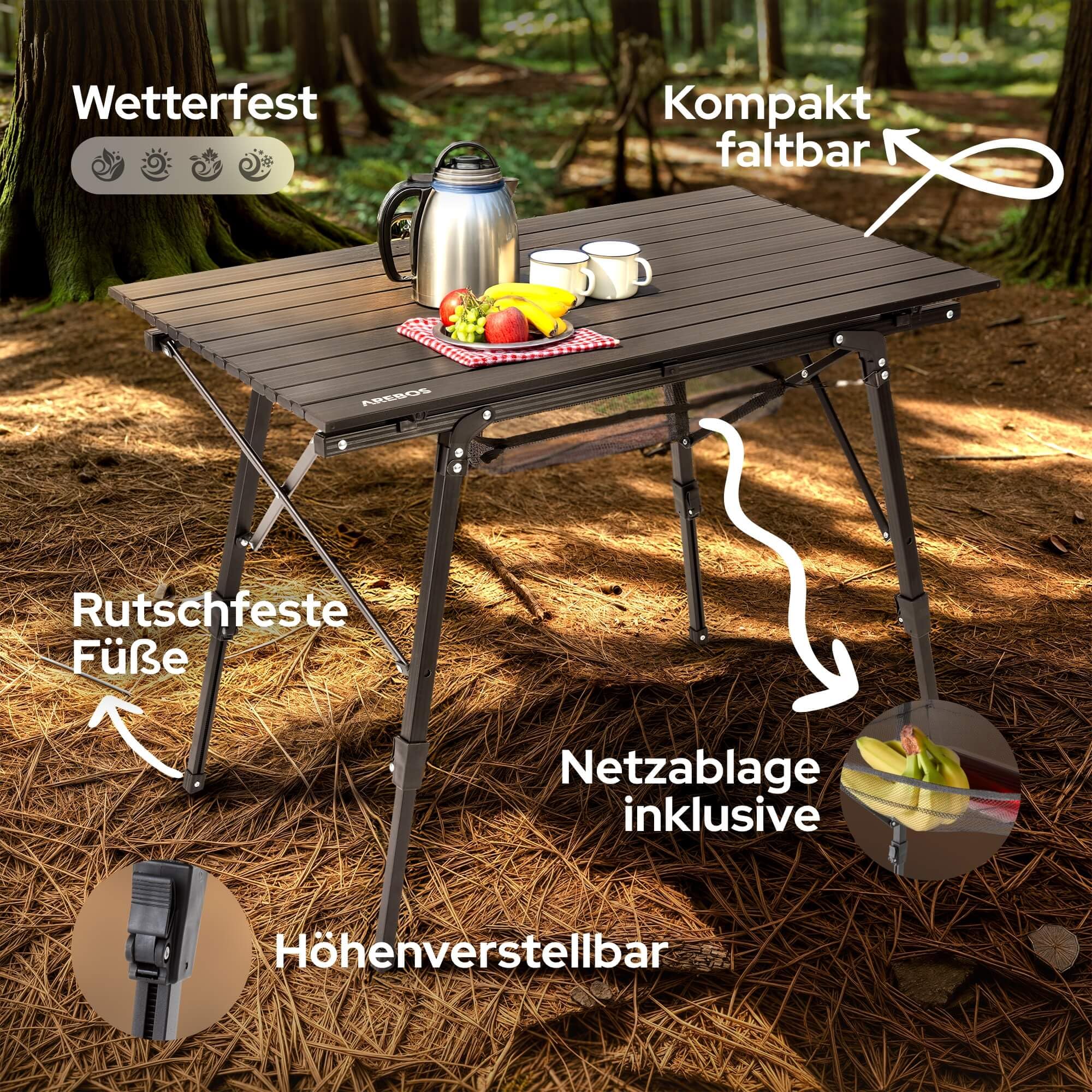 Arebos Campingtisch faltbar 120 x 70 cm | Klapptisch höhenverstellbar 58-78 cm | Camping Zubehör, Garten, Grill, Picknick | Camping Tisch klappbarer Falttisch | Reisetisch inkl. Tragetasche | Schwarz
