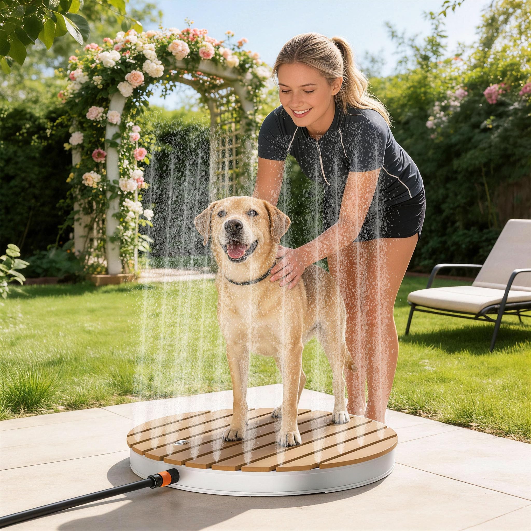 UISEBRT WPC Gartendusche Bodendusche mit Fußrad bis 4 m Fontänenhöhe,rutschfest wetterfest Frost- & UV-Beständig Außendusche für Pool, Camping, Sauna, Hundewäsche,Braun Rund (Ø 70cm)