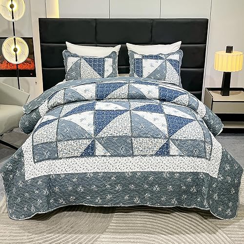 Miniatura 2 de Juego de edredón de retazos de tamaño matrimonial y queen, juego de colcha reversible reversible con estampado floral gris, juego de ropa de cama de