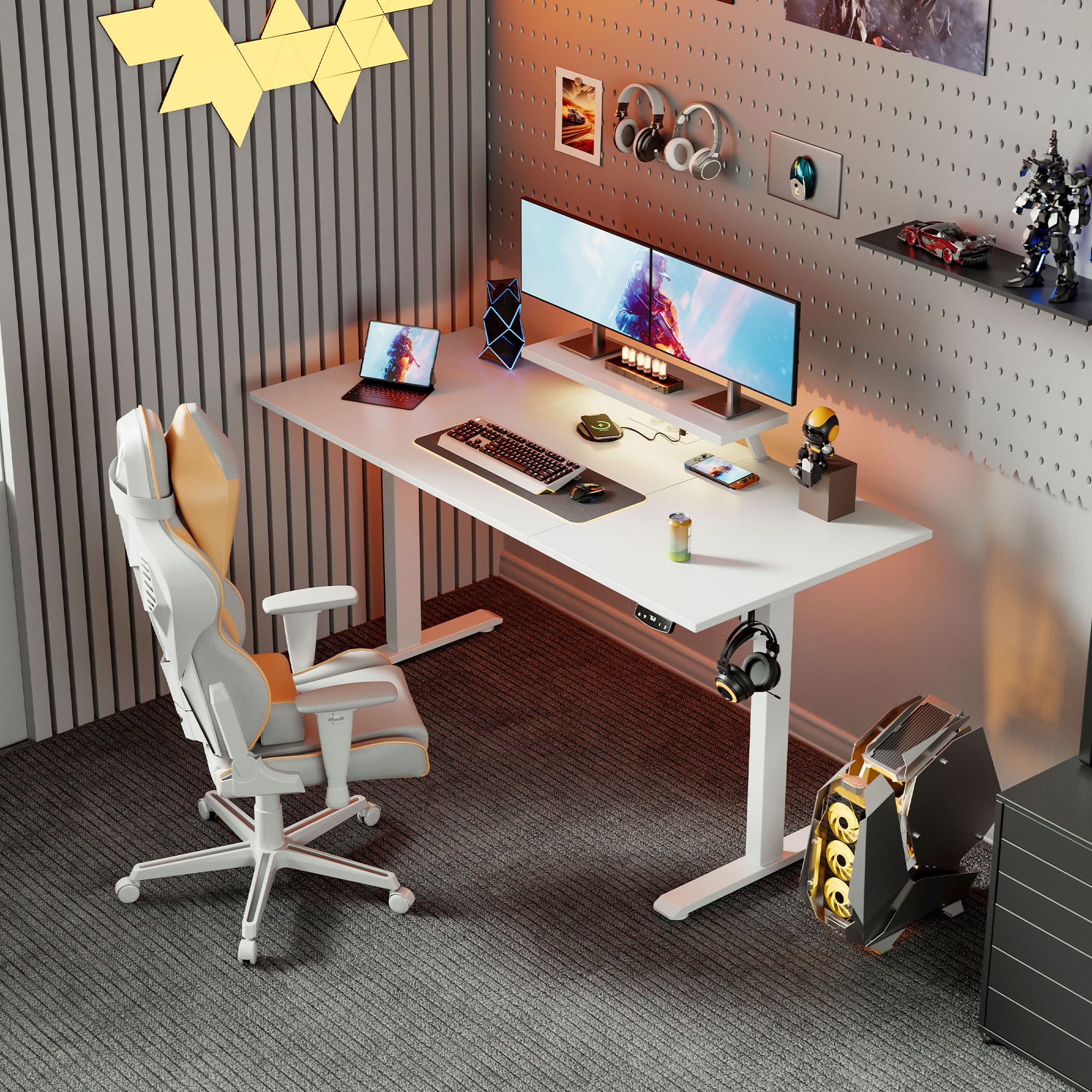 Klicelor Höhenverstellbarer Schreibtisch mit verstellbarem Monitorständer | Schreibtisch elektrisch 120 x 80 cm mit LED-Beleuchtung, USB-Steckdose, 2 Speicherplätzen, Homeoffice, Weiß