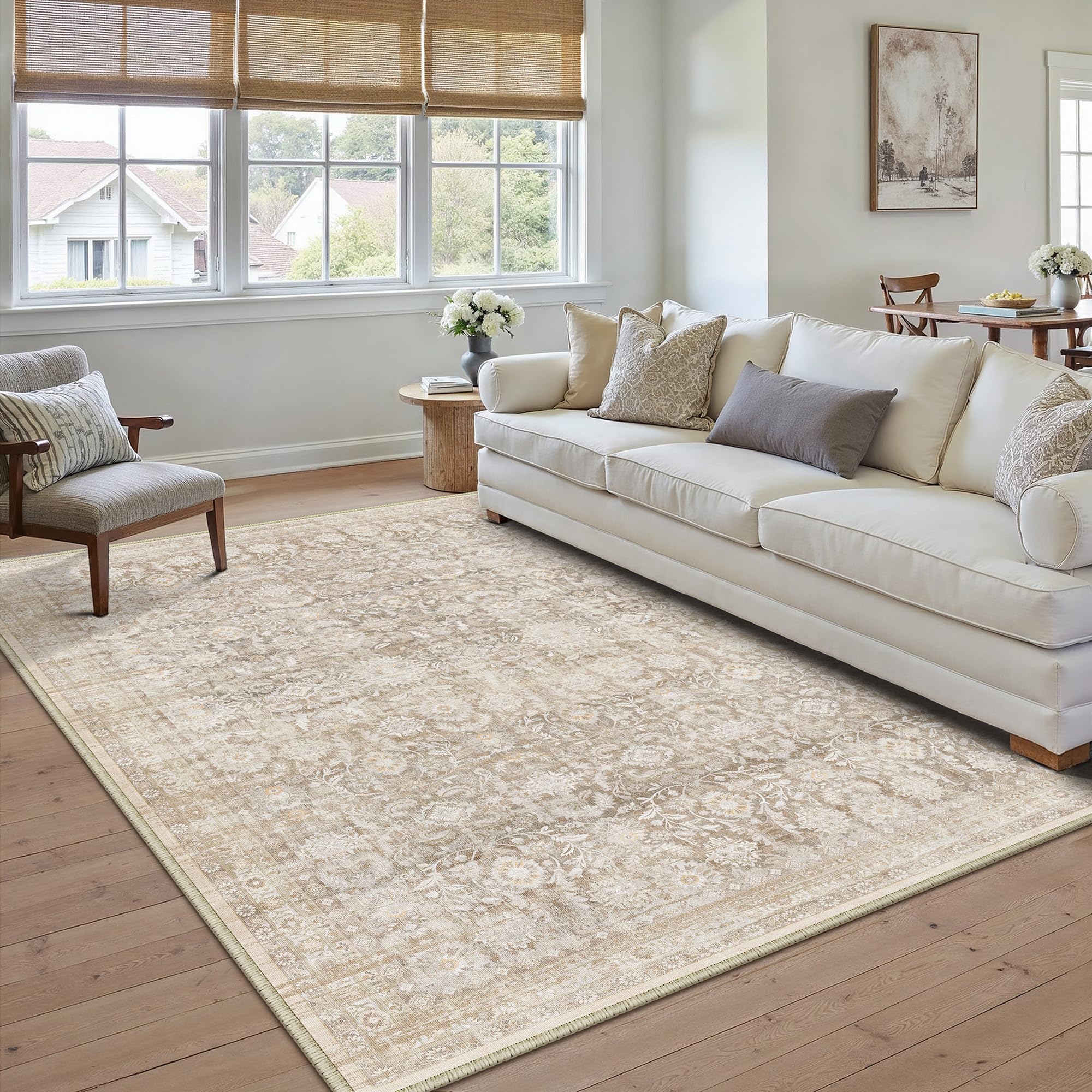 PureCozy Beige Vintage Rugs Living Room 160x230cm Large Washable Carpet