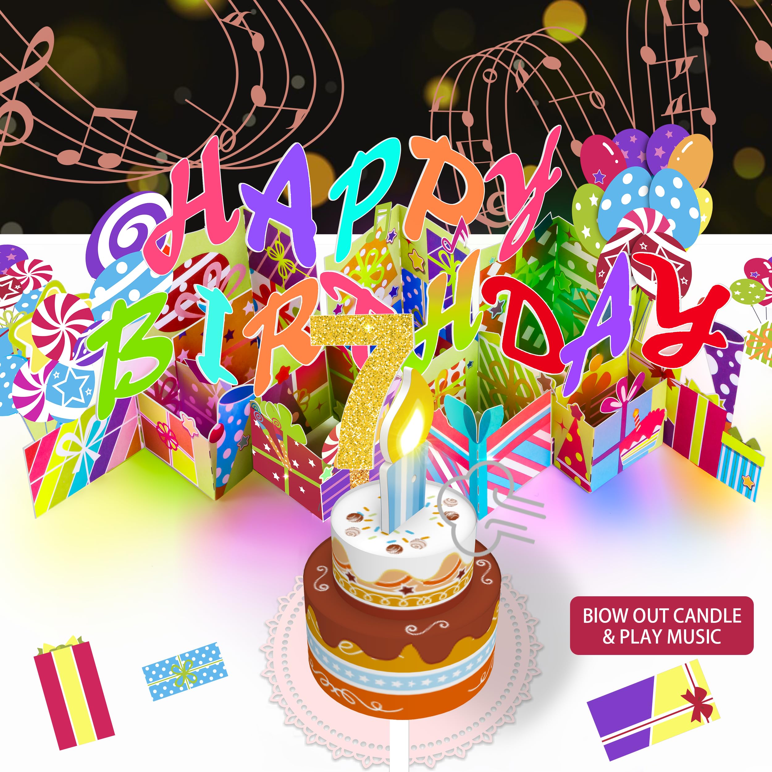 Gumry 7TH Musical Birthday PopUp Card, Blowable Colorful Light Candle 3D Cards with Song, Applause Cheers Sound, Greeting Cards Birthday Gifts