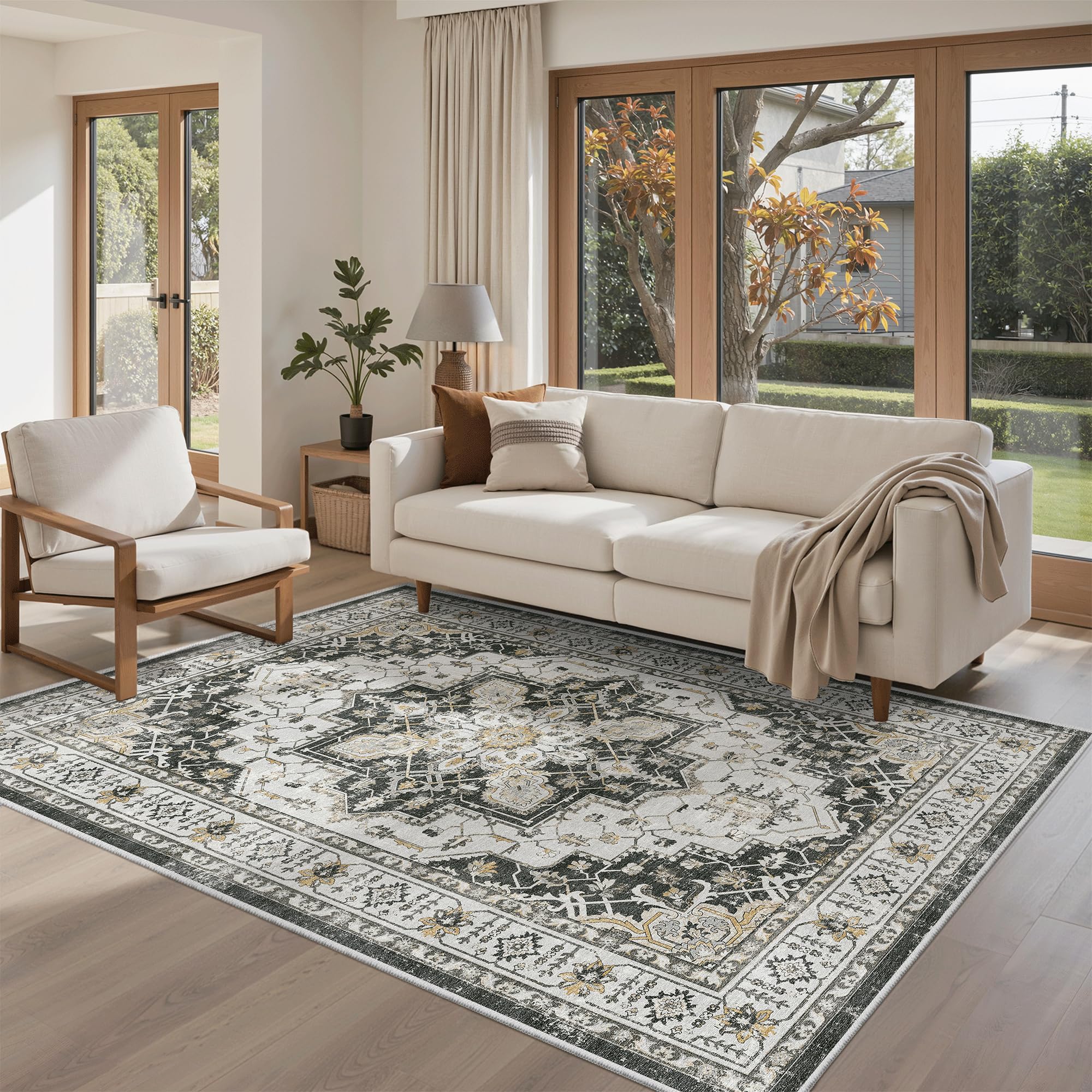 Madane Area Rug 4x6 Washable Rugs: Vintage Living Room Rug Soft Low Pile Non Slip Area Rugs Distressed Indoor Floor Carpet for Bedroom Kitchen Dining