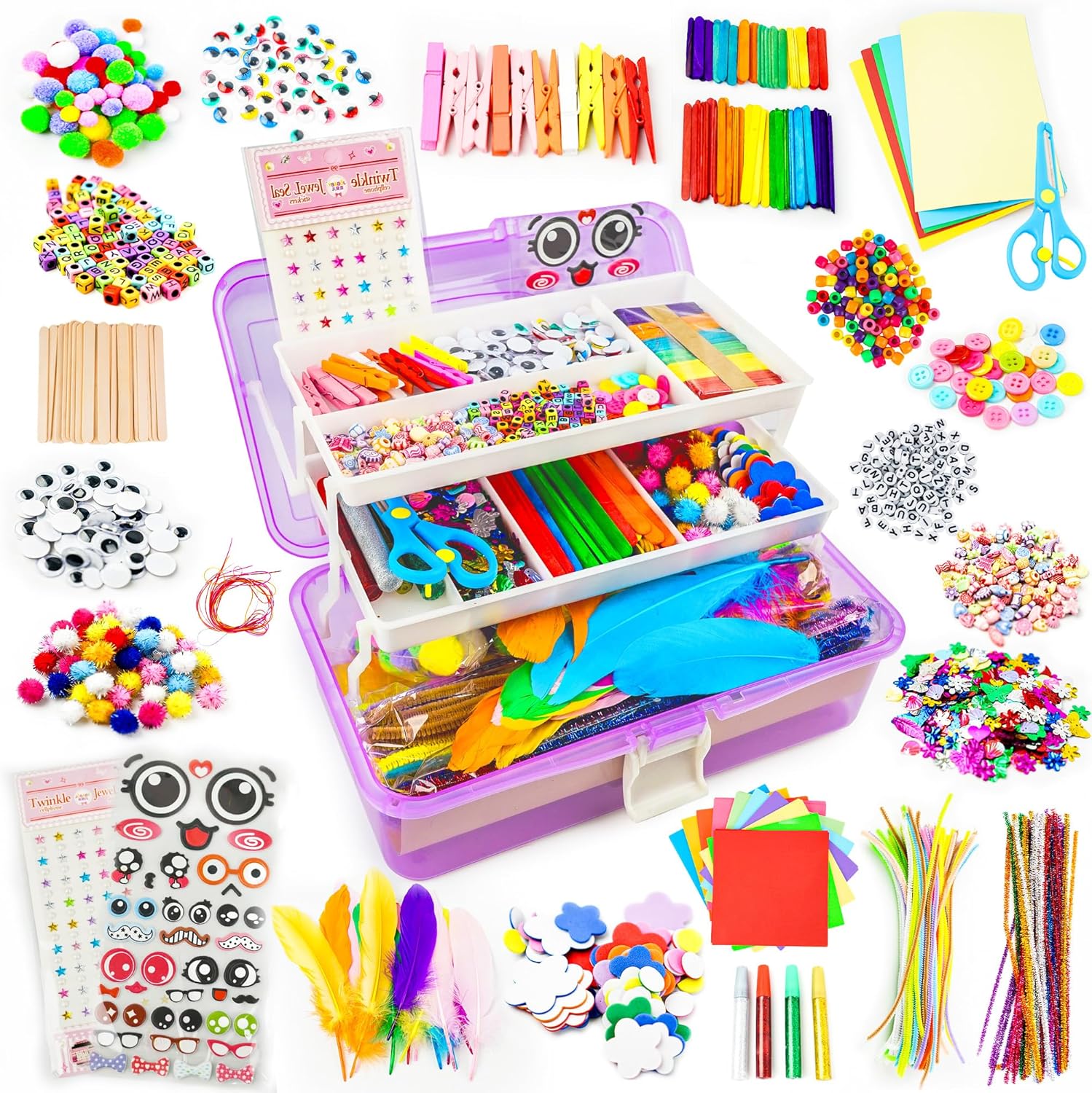 SMILESSKIDDO Arts Craft Supplies for Kids - 1100+ PCS Toddler DIY Craft Art Supply Set, Portable 3 Layered Folding Storage Box School Craft Projects - Gifts for Girls Ages 4-8, 8-12, Purple