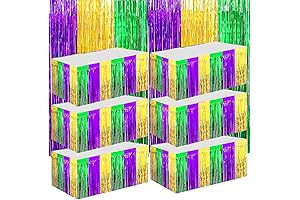 6 Packs Mardi Gras Table Skirts & 2 Pack Mardi Gras Tinsel Curtains