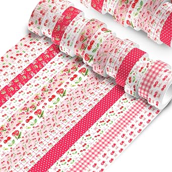 12 Rolls Pink Cherry Bow Washi Tape Set, Sweet Coquette Bowknot Plaid Pattern Decorative Masking Tapes for Scrapbook, Journaling, Planner, DIY Art Crafts, Gift Wrapping, Card Making, Girls Birthday