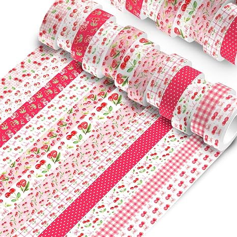 12 Rolls Pink Cherry Bow Washi Tape Set, Sweet Coquette Bowknot Plaid Pattern Decorative Masking Tapes for Scrapbook, Journaling, Planner, DIY Art Crafts, Gift Wrapping, Card Making, Girls Birthday