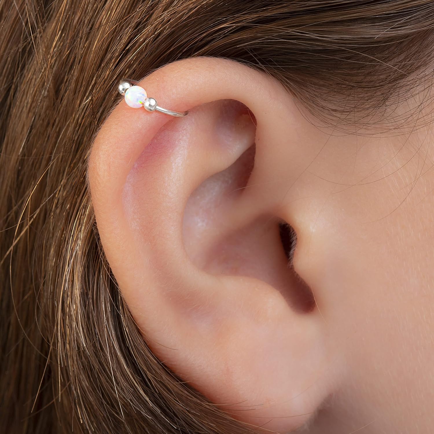 Tiny Silver Helix Hoop - Handmade 8mm with a Cute 3mm White Opal - Thin 20 Guage Sterling Silver Cartilage Earring Piercing Hoop - Image 3