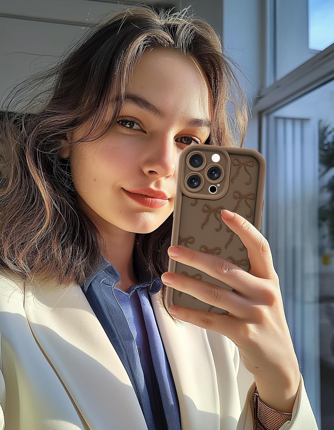 Compatible with iPhone 14 Pro Max Case, Cute Brown Bow Aesthetic Design for Girls Women Soft Silicone Slim Fit Shockproof Protective Cover - Image 5