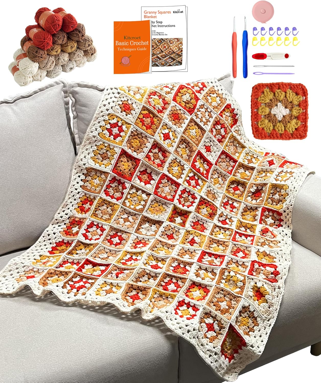 Kitcroet Crochet Kit, Complete Starter Kit for Beginners, Large Granny Squares Blanket with Video & Writtern Instructions, Easy to Learn Crochet Kit
